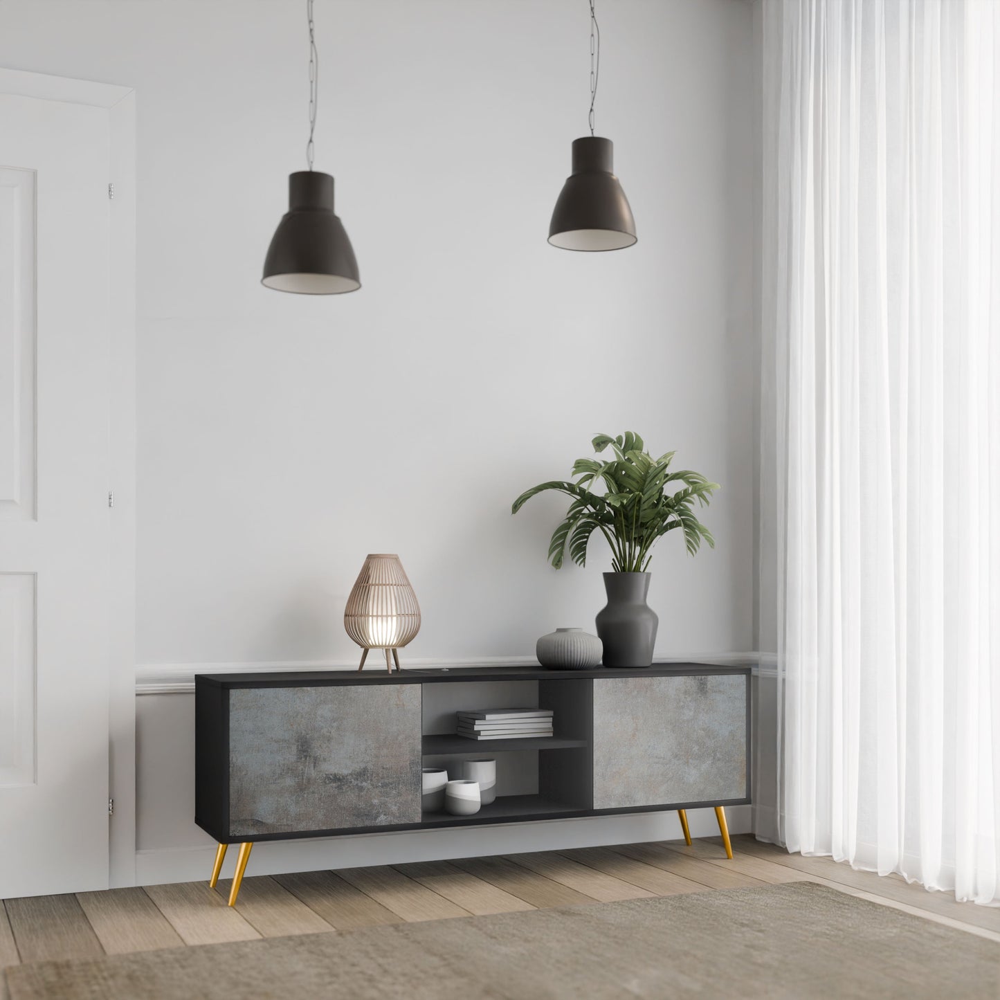 CONCRETE WALL 2-Door TV Stand in Black Finish