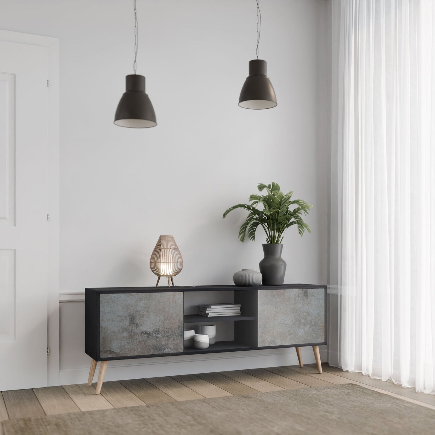 CONCRETE WALL 2-Door TV Stand in Black Finish