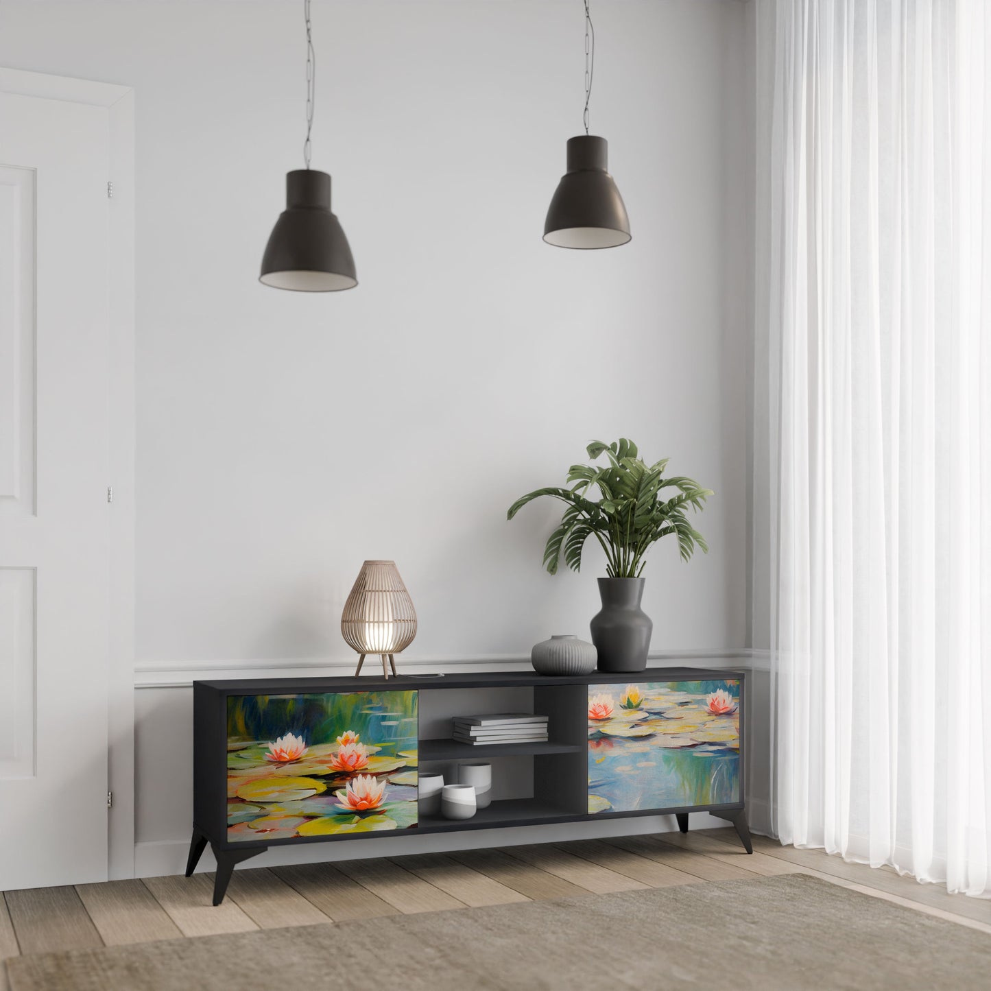 BLOOMING WATERS 2-Door TV Stand in Black Finish