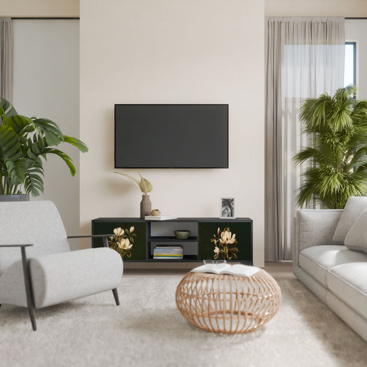 FLORAL NOIR 2-Door TV Stand in Black Finish