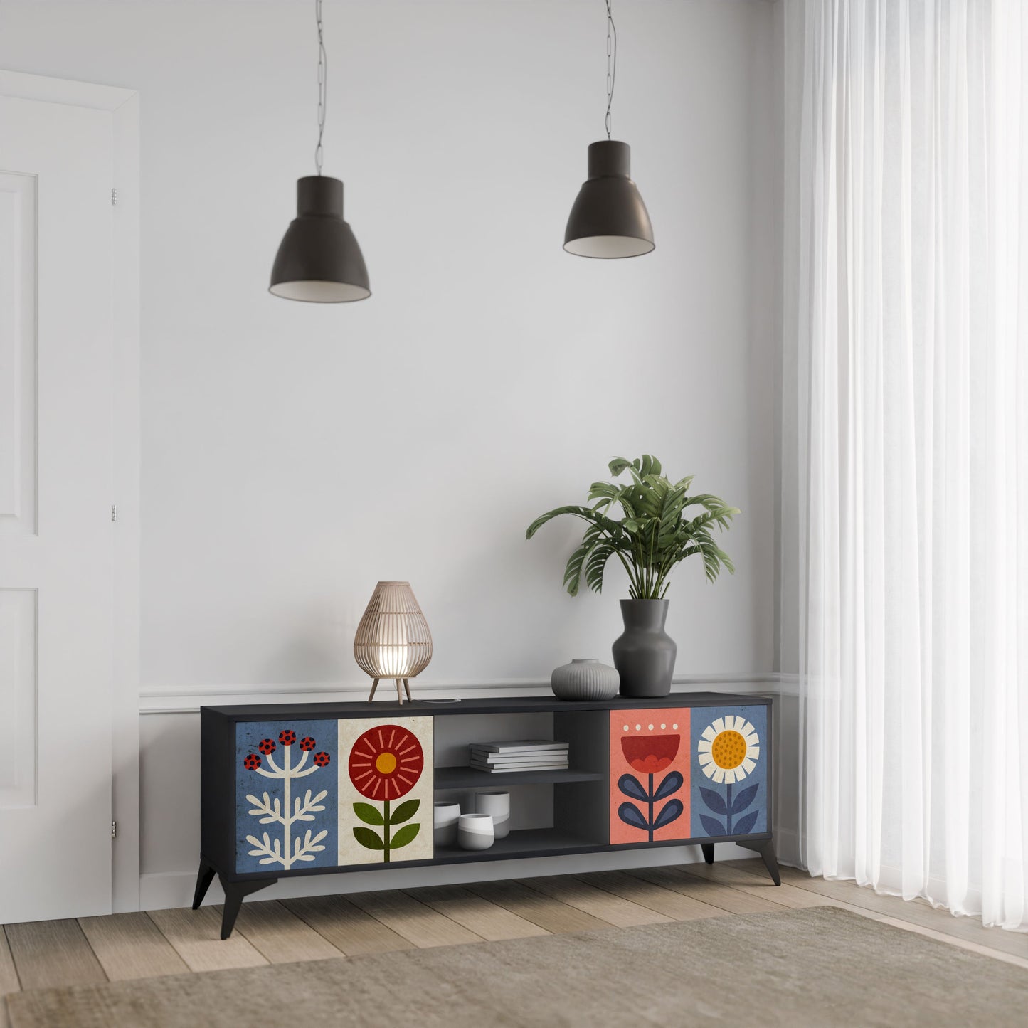 Mobile TV SCANDIC FLOWERET a 2 ante in finitura nera