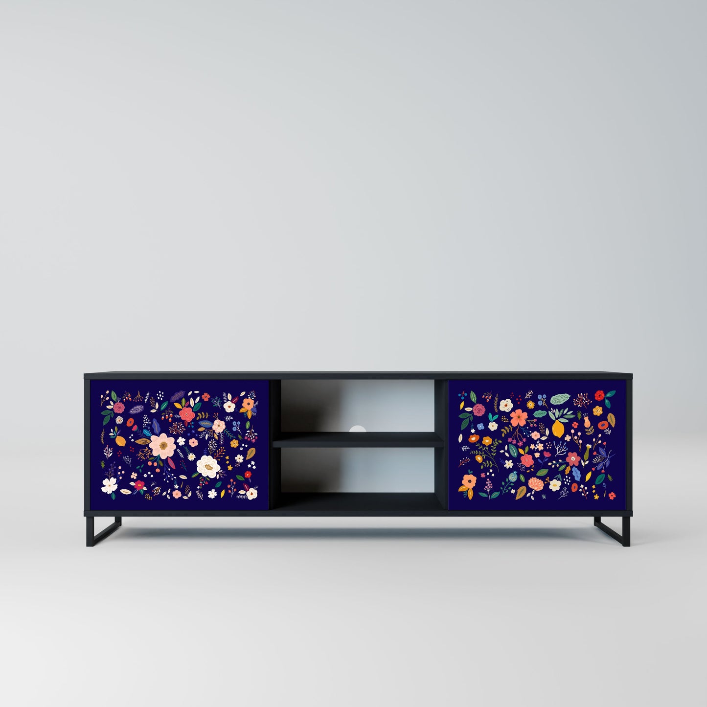 FLORAL COMBINATION 2-Door TV Stand in Black Finish