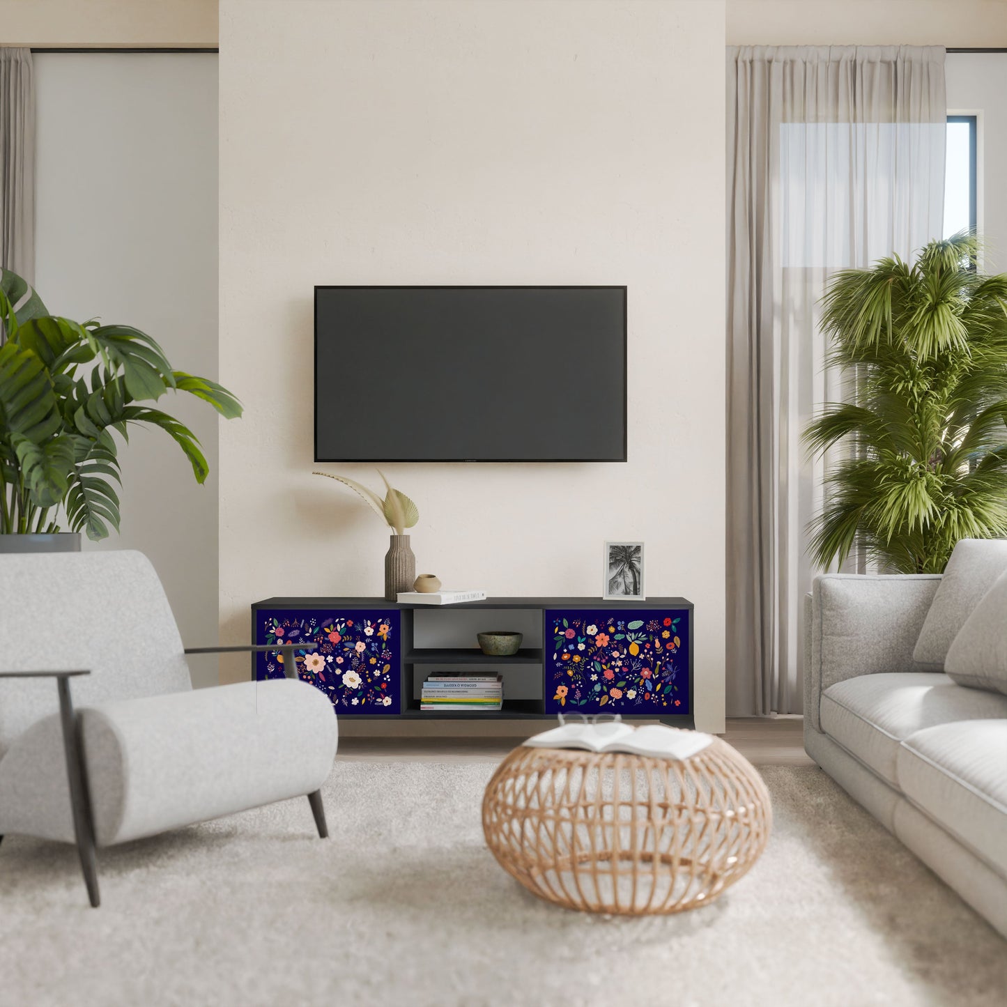 FLORAL COMBINATION 2-Door TV Stand in Black Finish