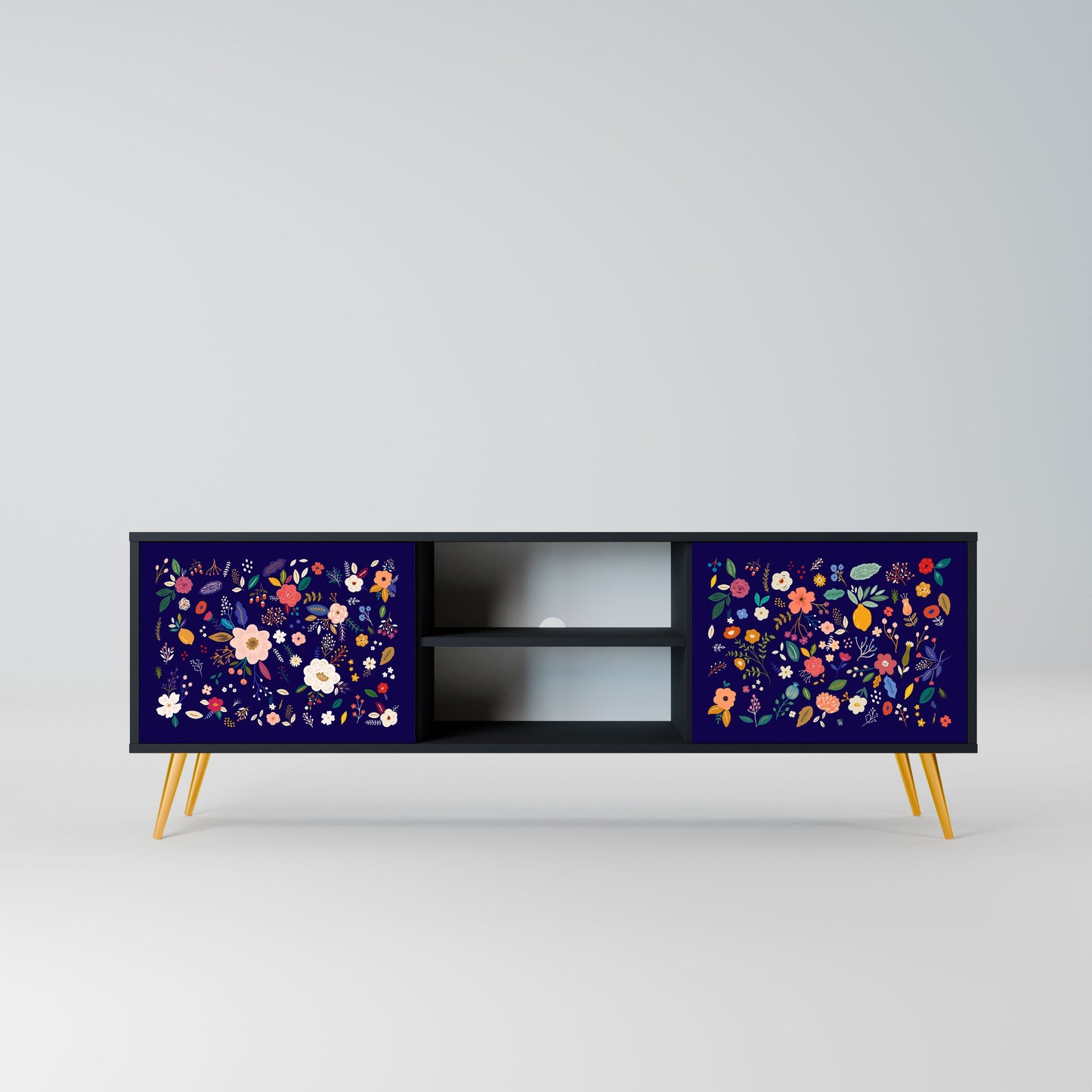 FLORAL COMBINATION 2-Door TV Stand in Black Finish