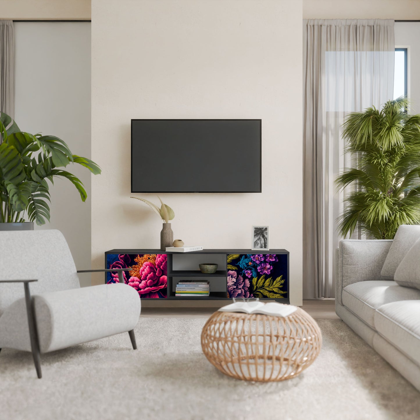 BLOOMING ELEGANCE 2-Door TV Stand in Black Finish
