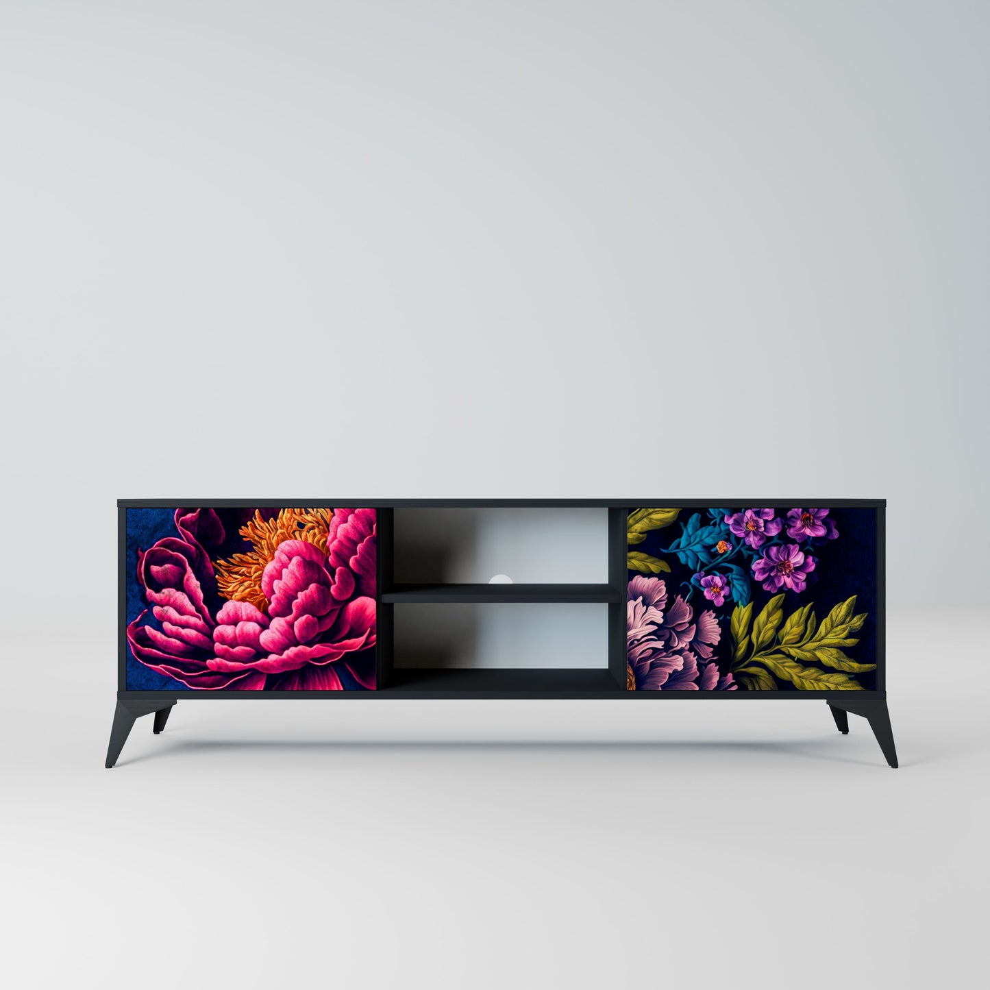 BLOOMING ELEGANCE 2-Door TV Stand in Black Finish