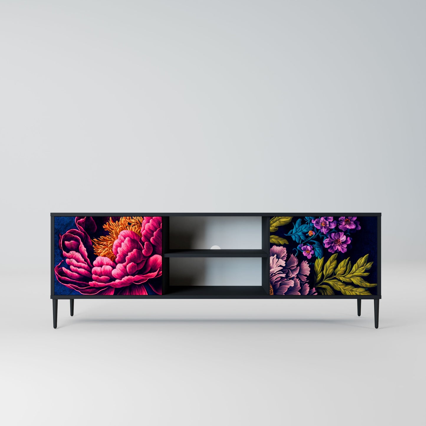 BLOOMING ELEGANCE 2-Door TV Stand in Black Finish