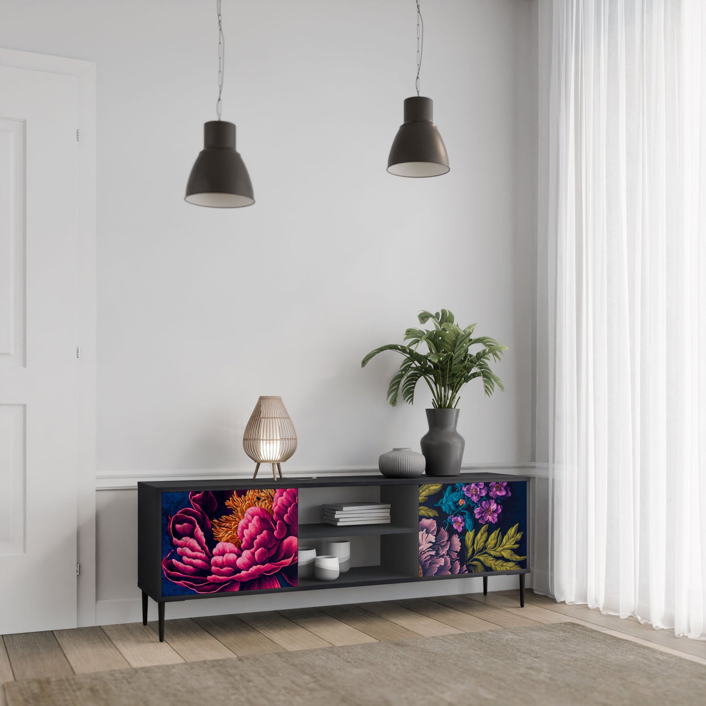 BLOOMING ELEGANCE 2-Door TV Stand in Black Finish