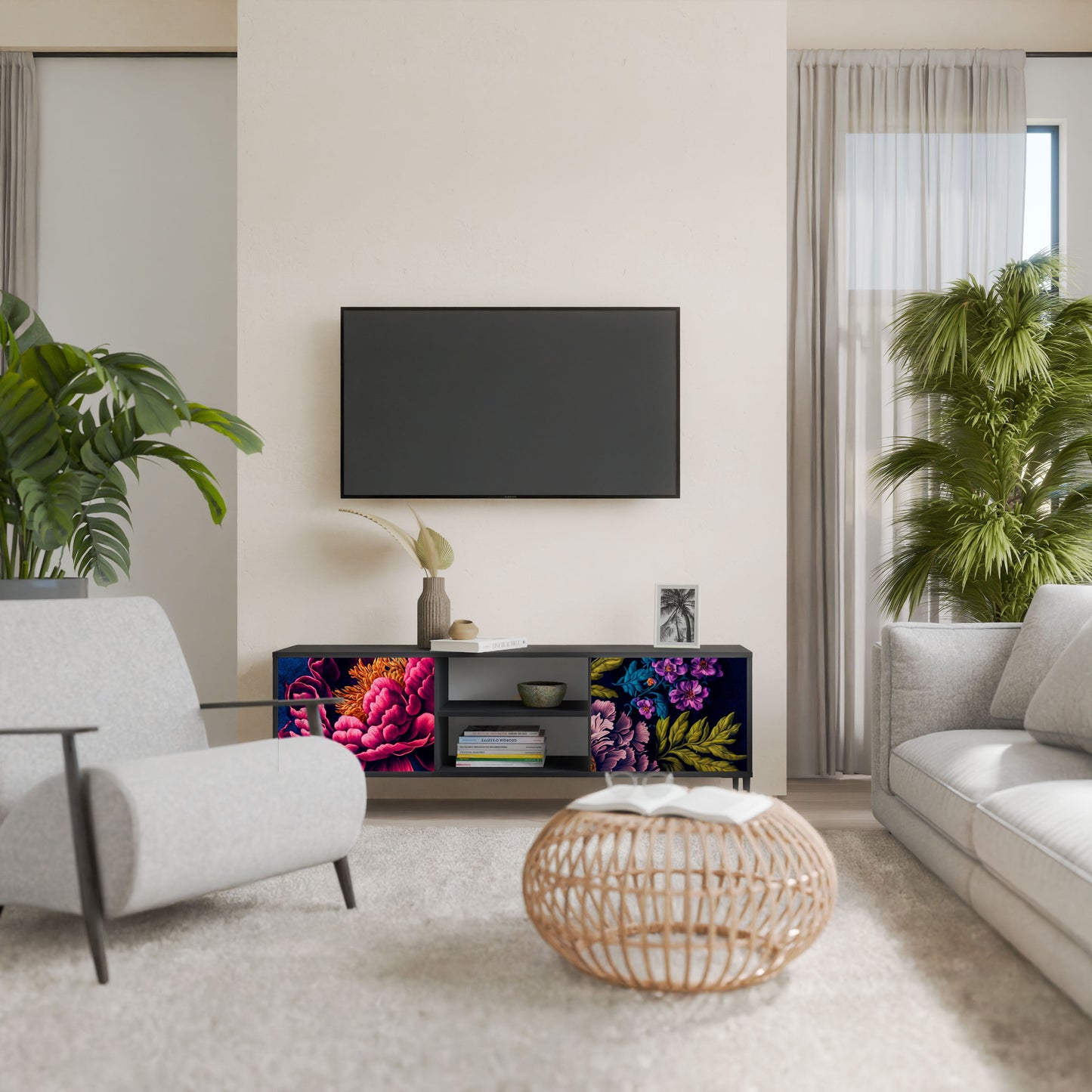 BLOOMING ELEGANCE 2-Door TV Stand in Black Finish