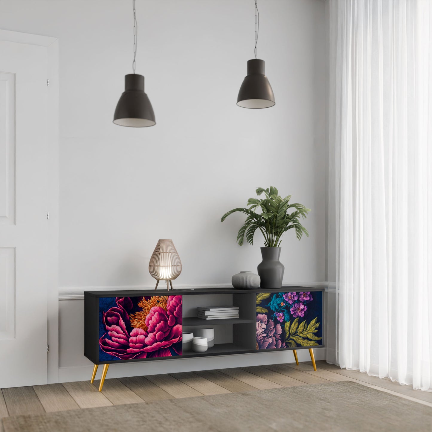 BLOOMING ELEGANCE 2-Door TV Stand in Black Finish
