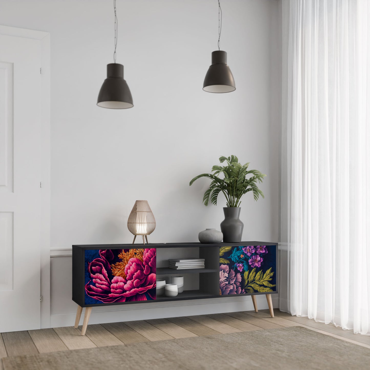 BLOOMING ELEGANCE 2-Door TV Stand in Black Finish