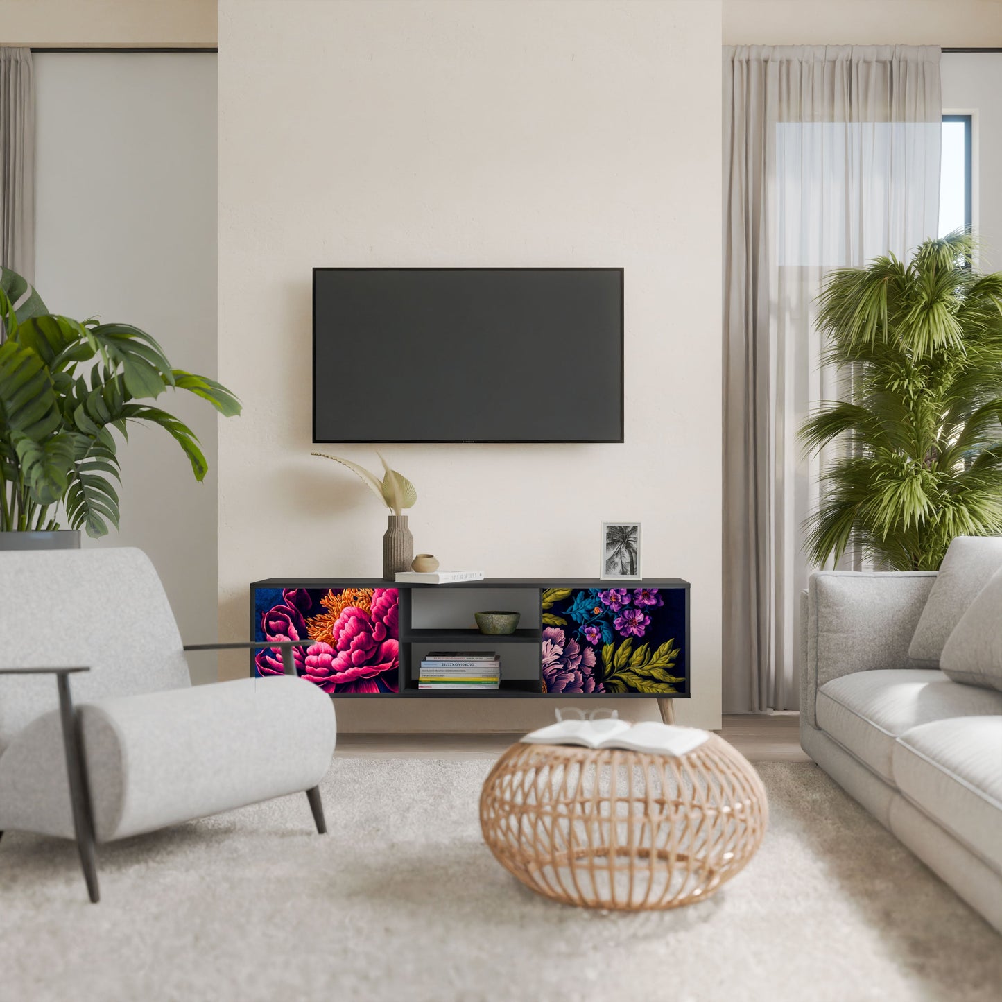 BLOOMING ELEGANCE 2-Door TV Stand in Black Finish
