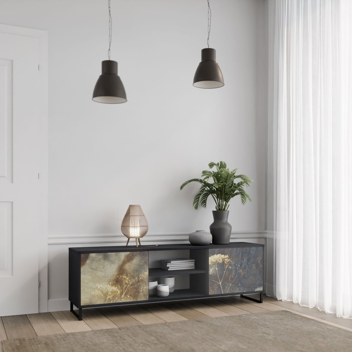 GENTLE POWER 2-Door TV Stand in Black Finish