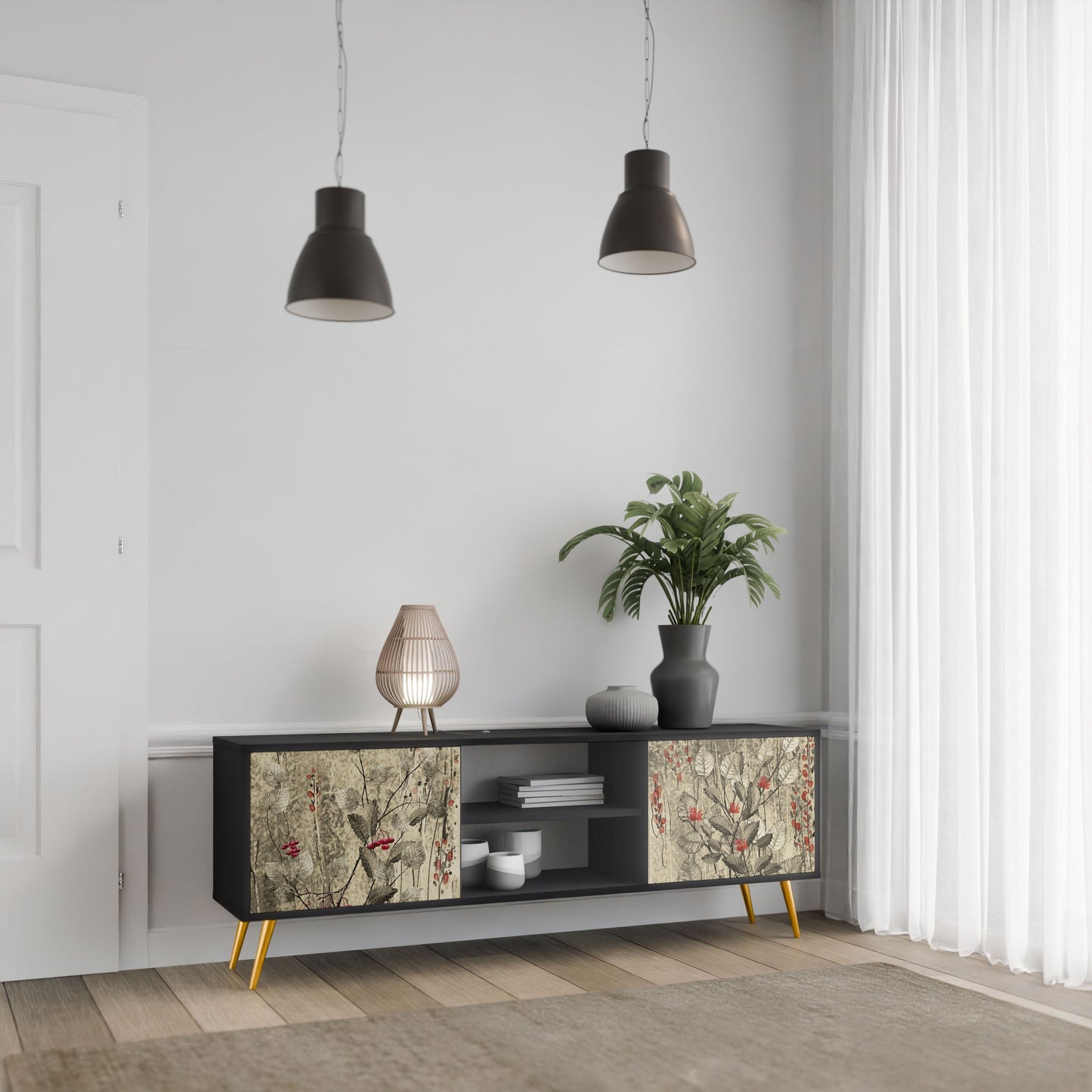 HERBAL GRACE 2-Door TV Stand in Black Finish