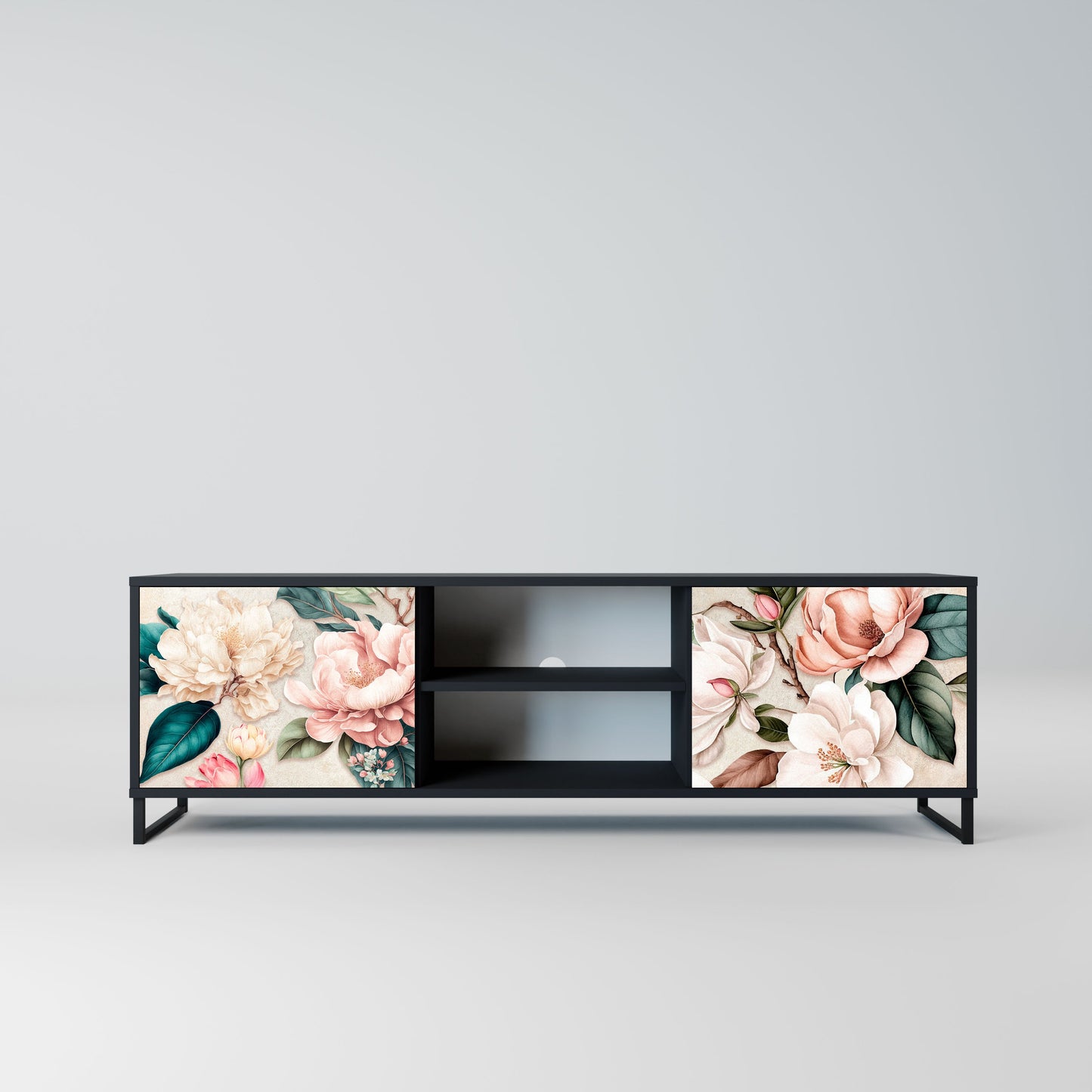 FLORAL GRACE 2-Door TV Stand in Black Finish