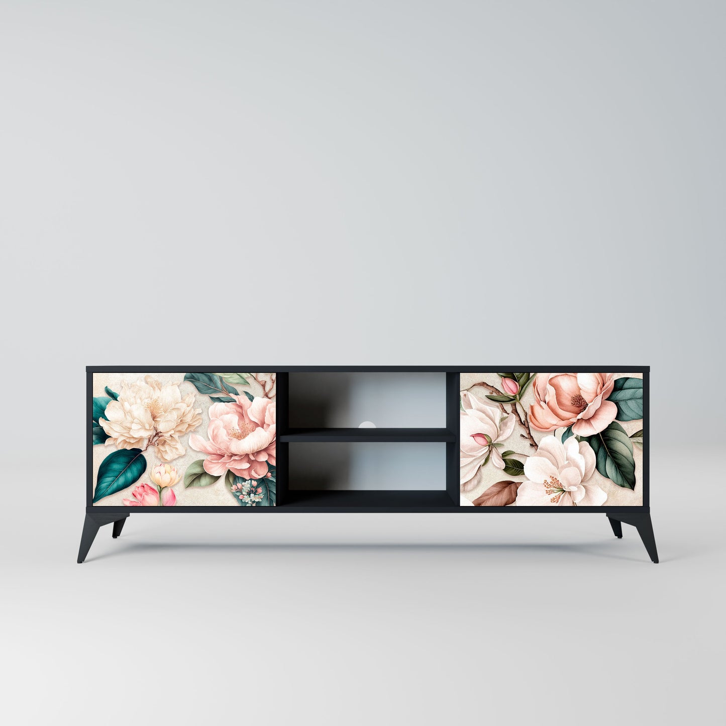 FLORAL GRACE 2-Door TV Stand in Black Finish