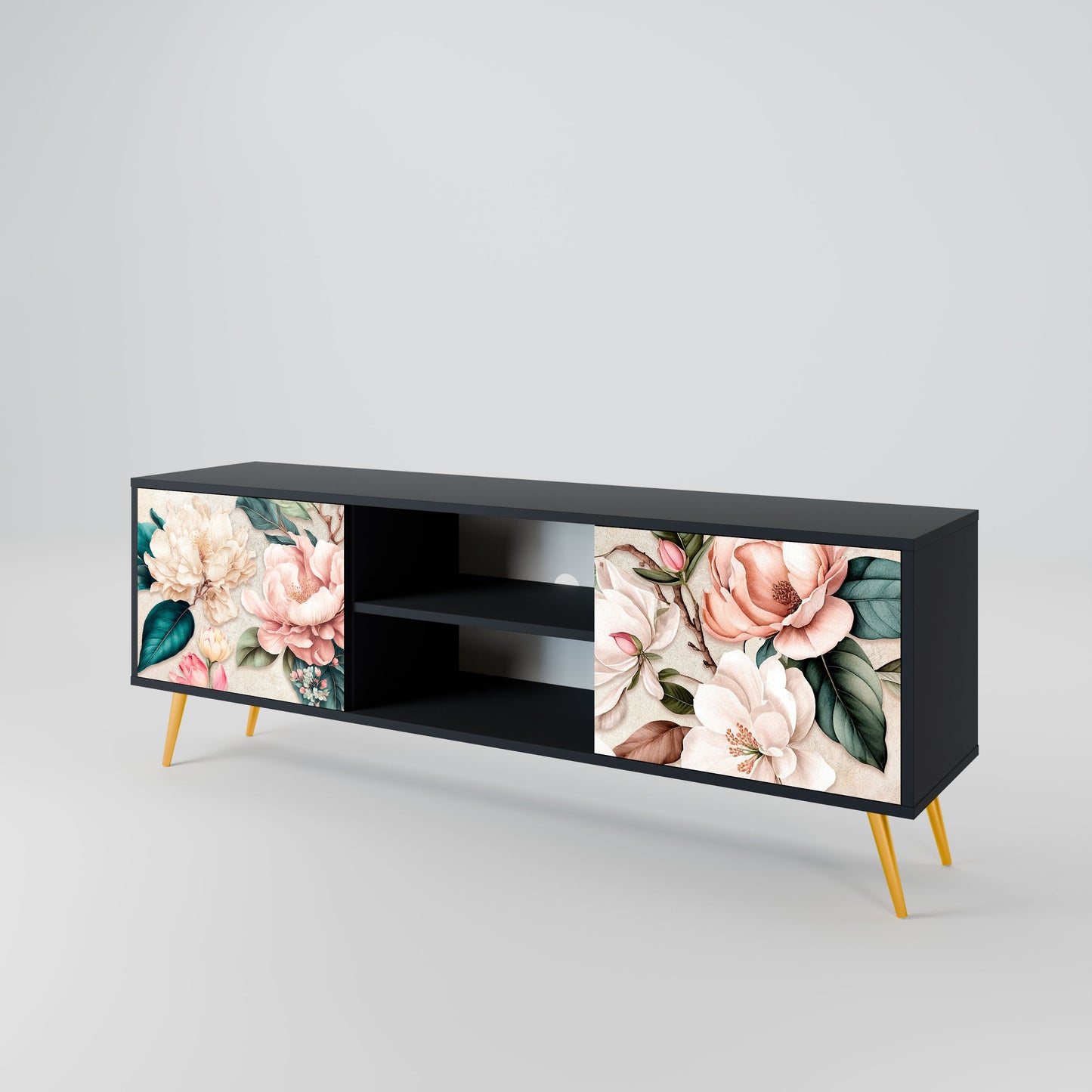 FLORAL GRACE 2-Door TV Stand in Black Finish