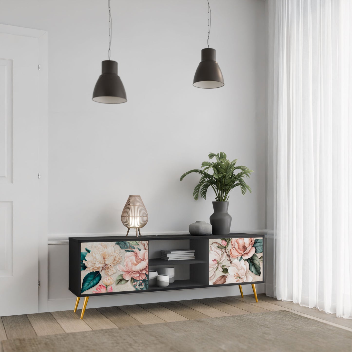 FLORAL GRACE 2-Door TV Stand in Black Finish