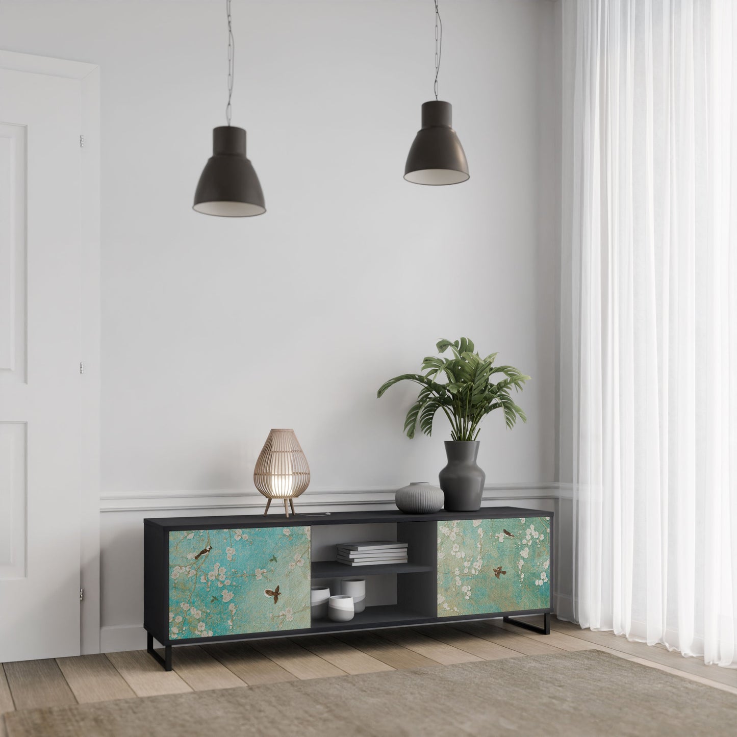 BLOOMING CHARM 2-Door TV Stand in Black Finish