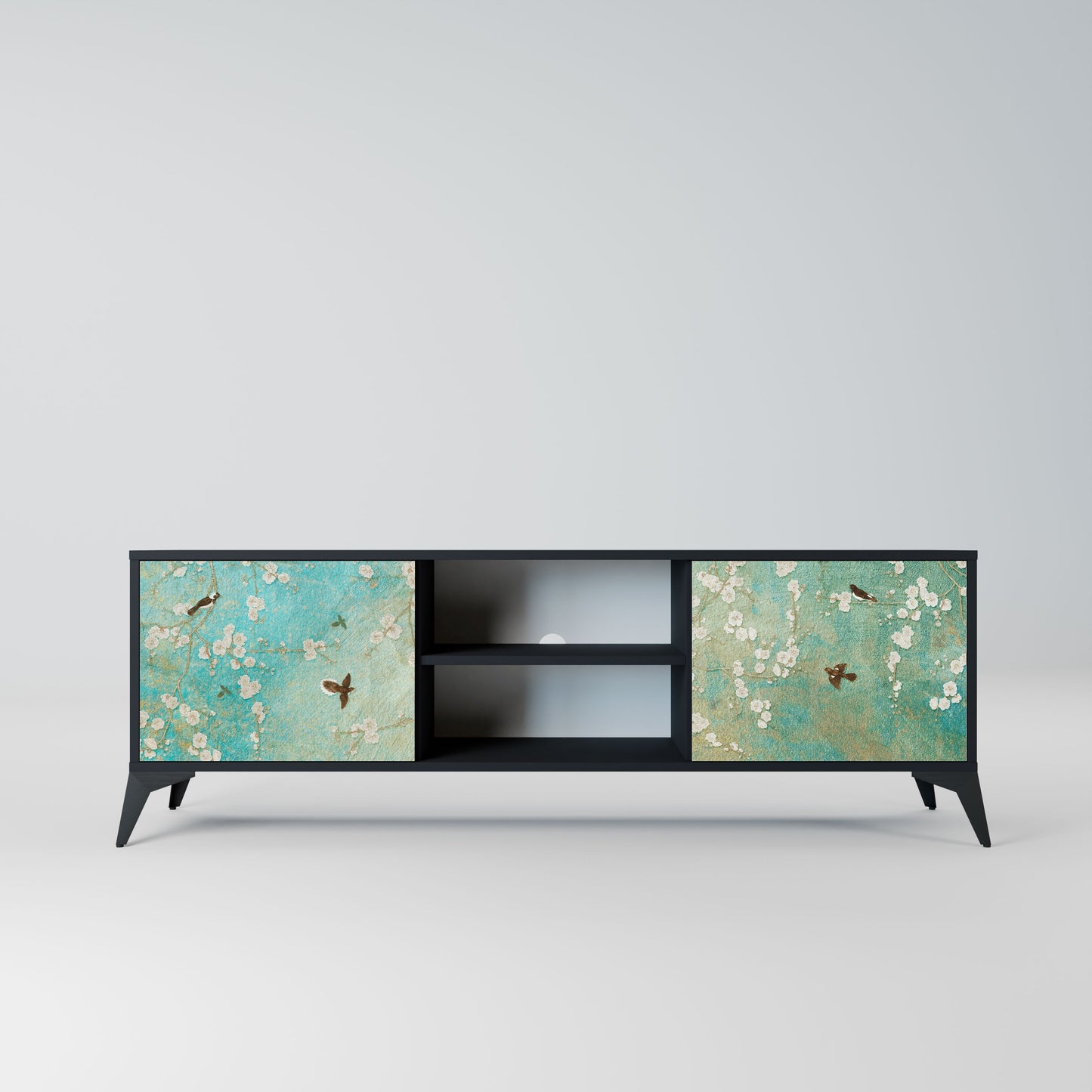 BLOOMING CHARM 2-Door TV Stand in Black Finish
