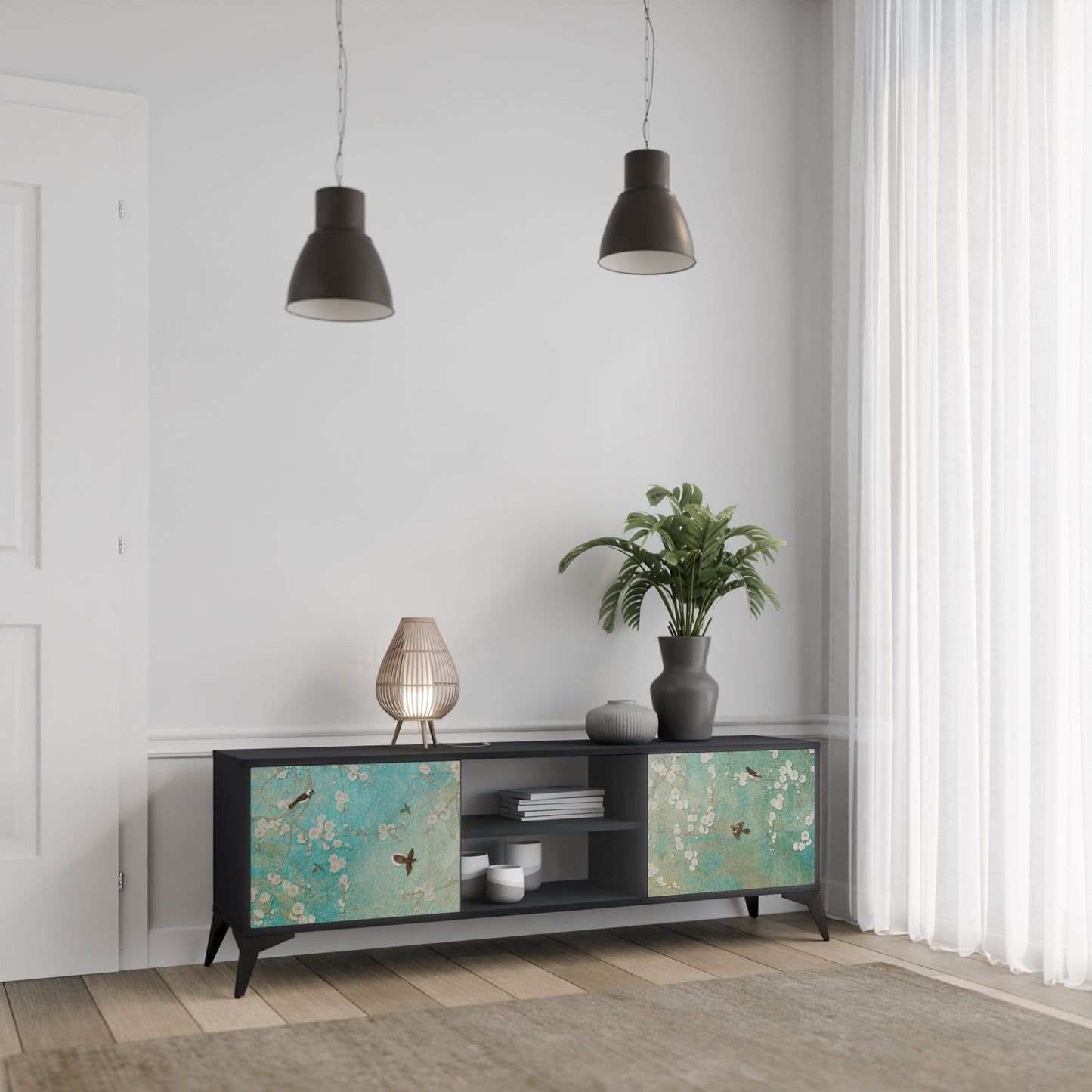 BLOOMING CHARM 2-Door TV Stand in Black Finish
