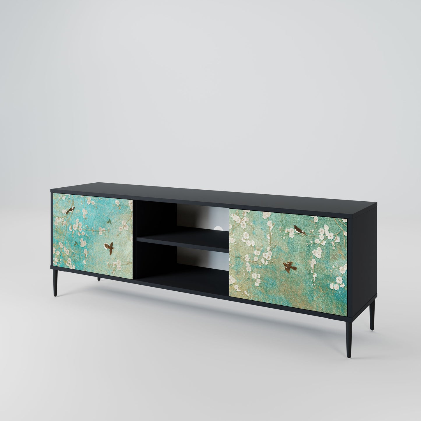 BLOOMING CHARM 2-Door TV Stand in Black Finish