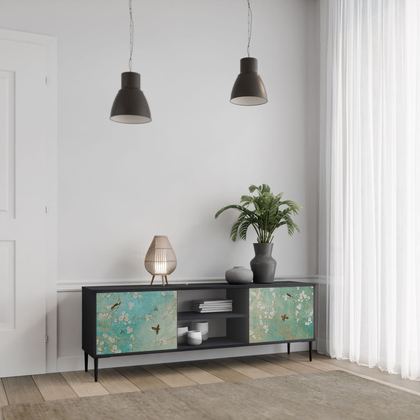 BLOOMING CHARM 2-Door TV Stand in Black Finish
