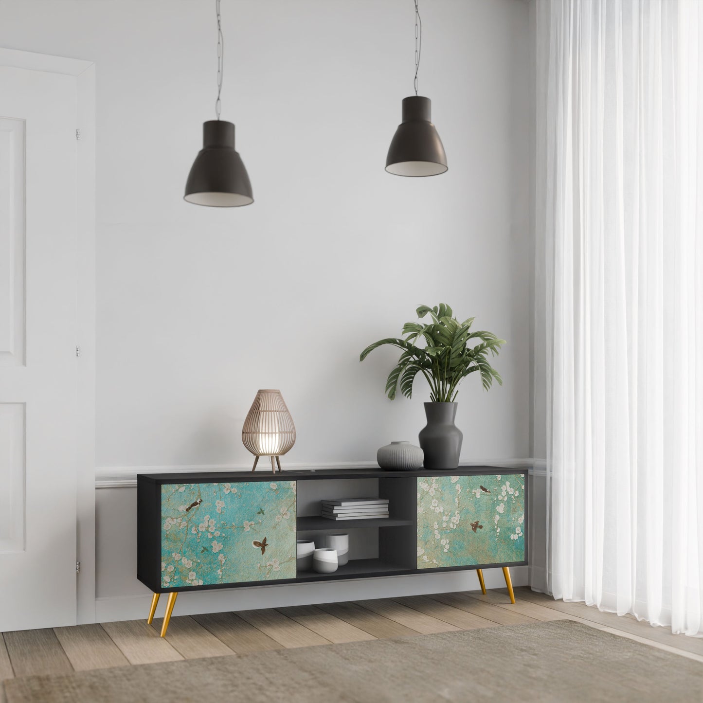BLOOMING CHARM 2-Door TV Stand in Black Finish