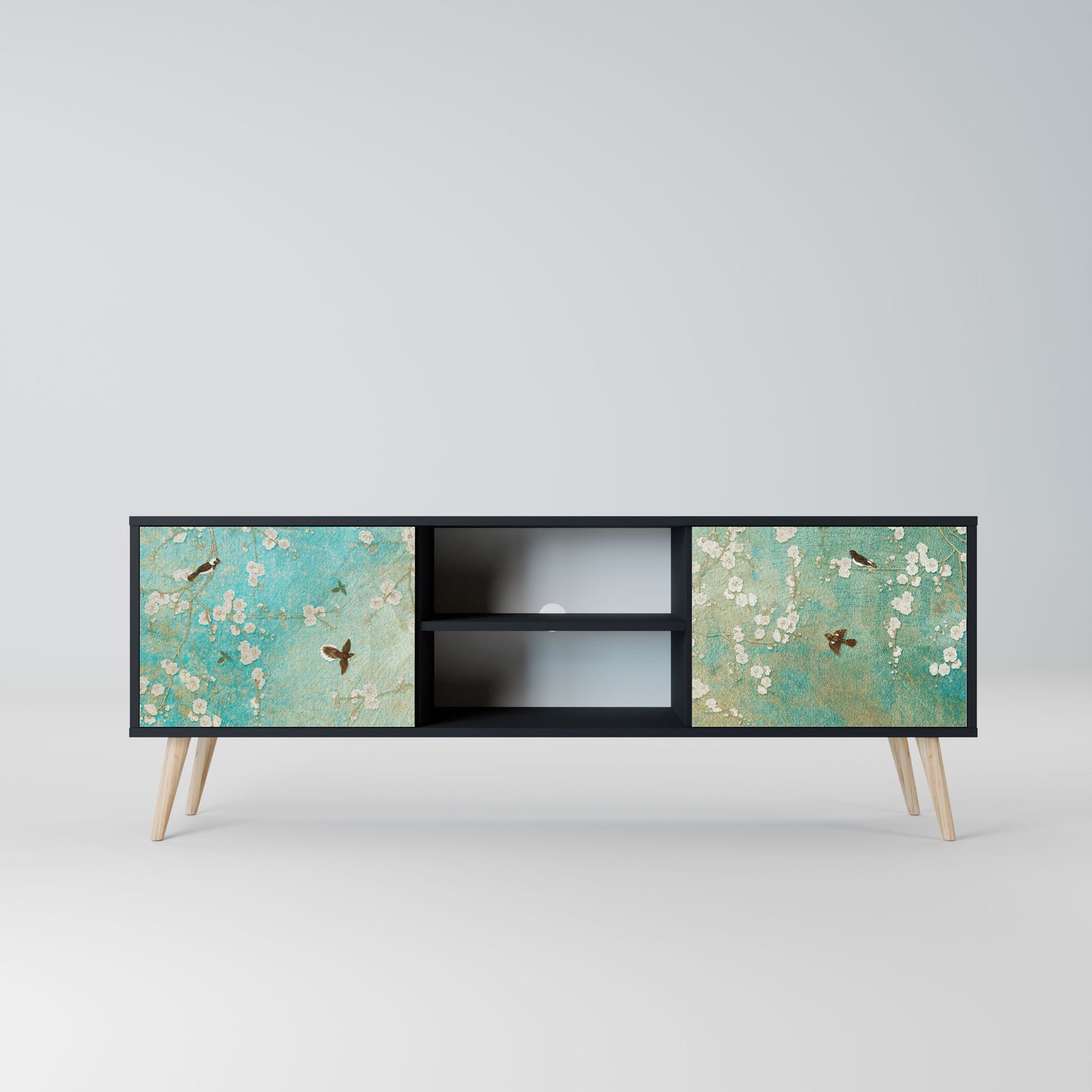 BLOOMING CHARM 2-Door TV Stand in Black Finish