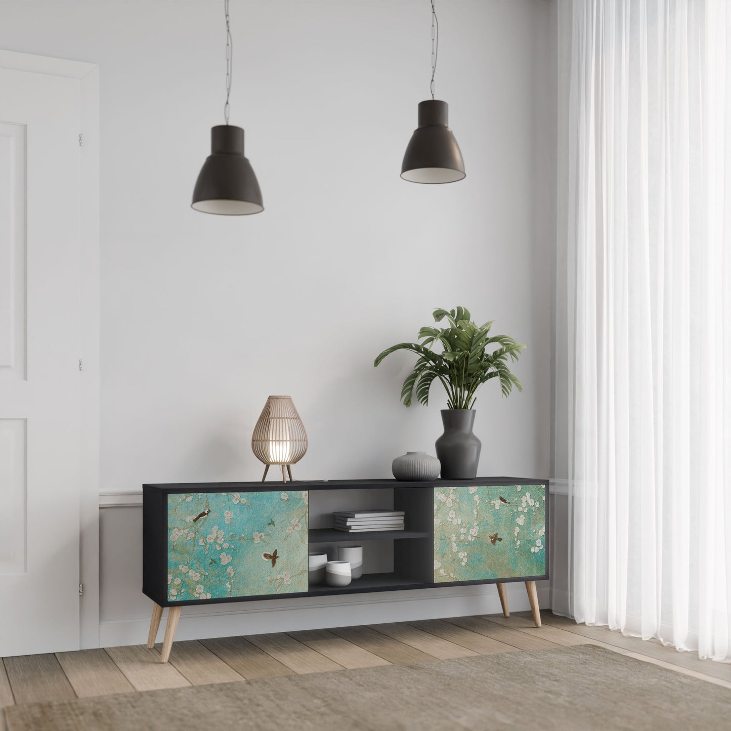 BLOOMING CHARM 2-Door TV Stand in Black Finish