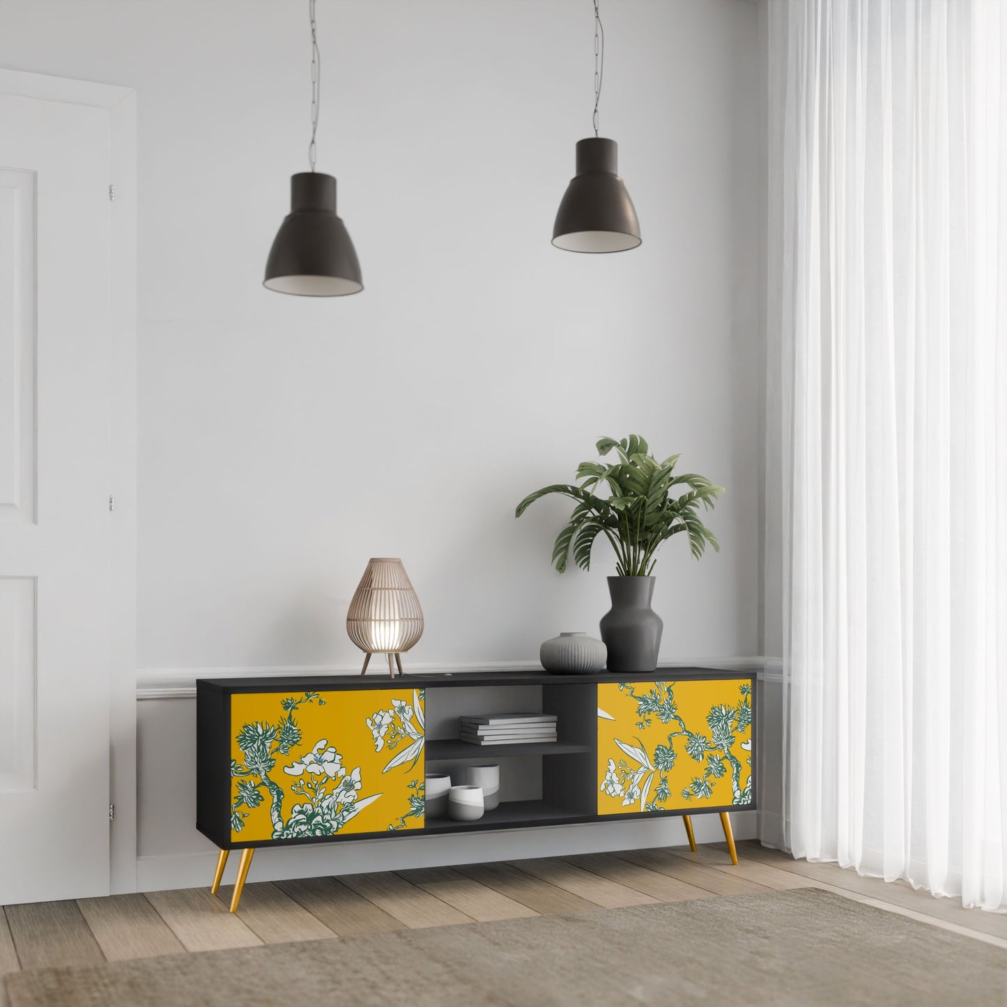 YELLOW CHINOISERIE 2-Door TV Stand in Black Finish