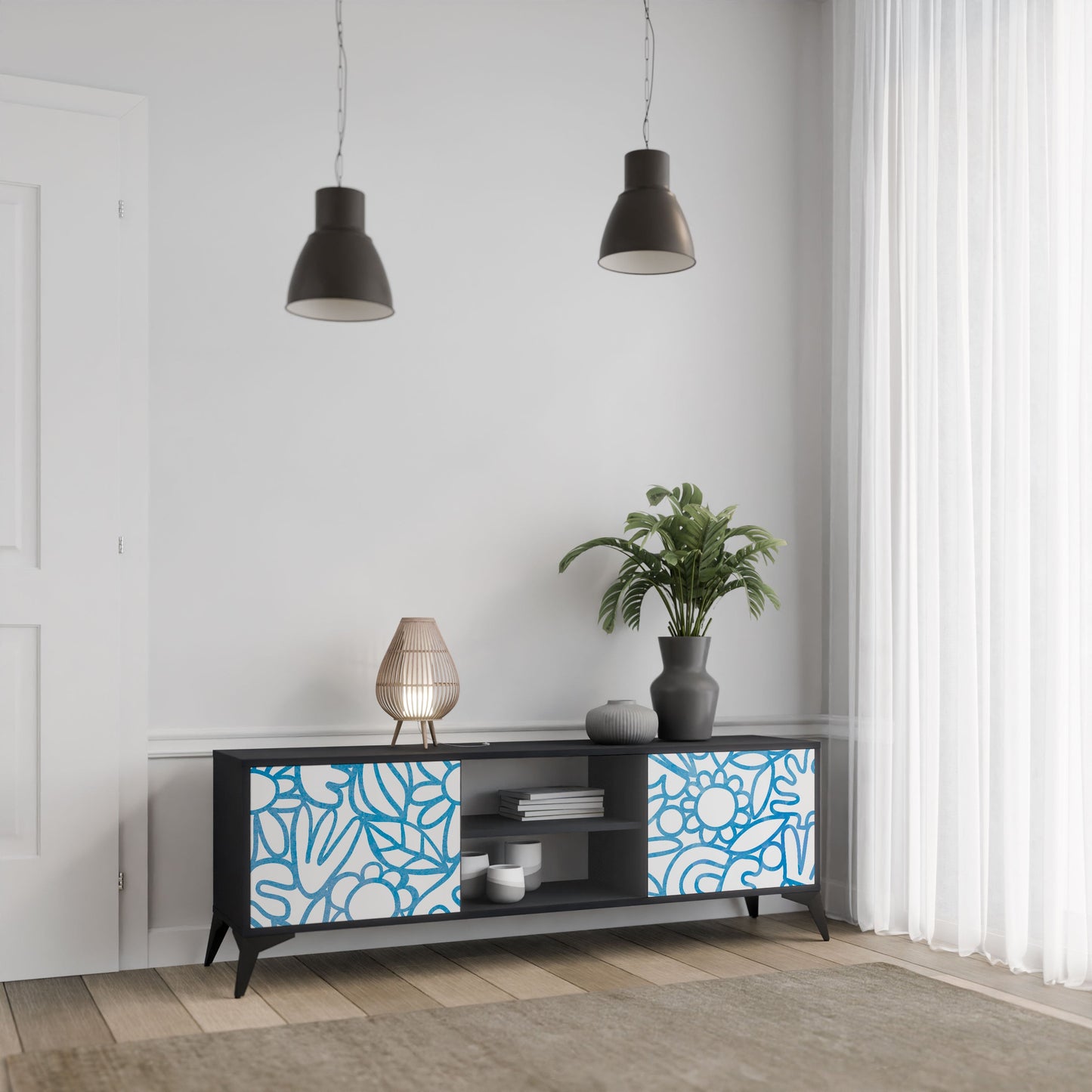 BLOOMY MORNING 2-Door TV Stand in Black Finish