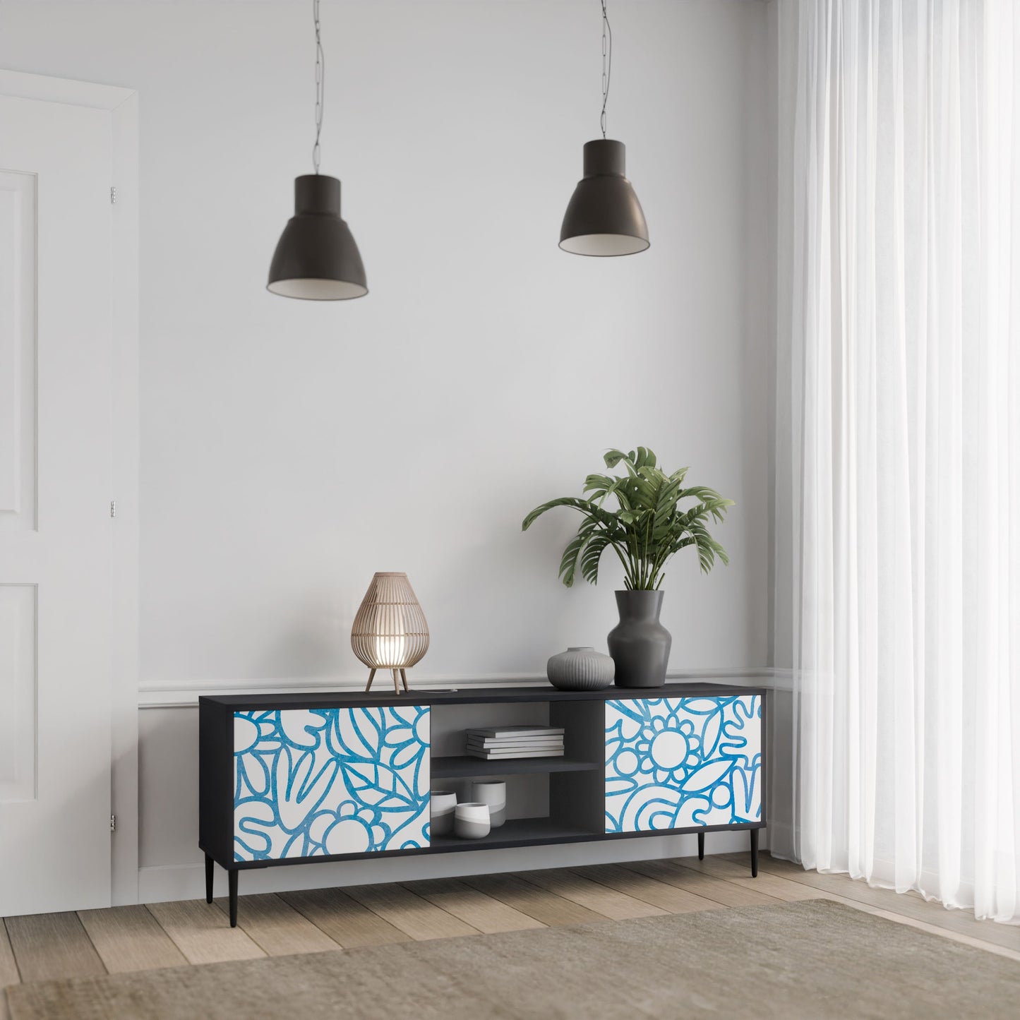 BLOOMY MORNING 2-Door TV Stand in Black Finish