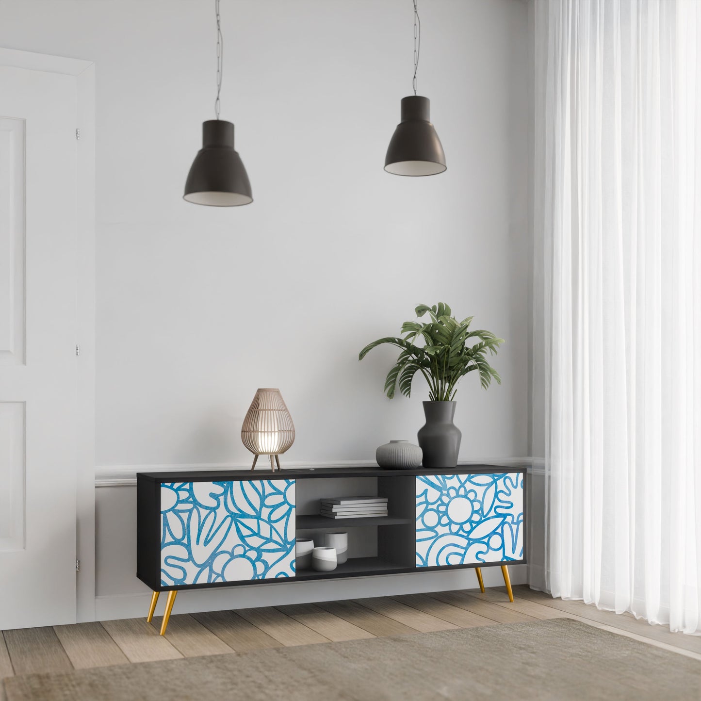 BLOOMY MORNING 2-Door TV Stand in Black Finish