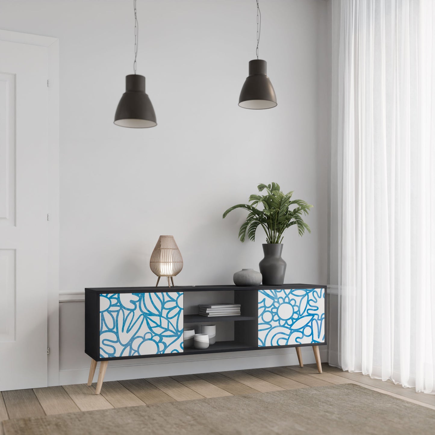 BLOOMY MORNING 2-Door TV Stand in Black Finish