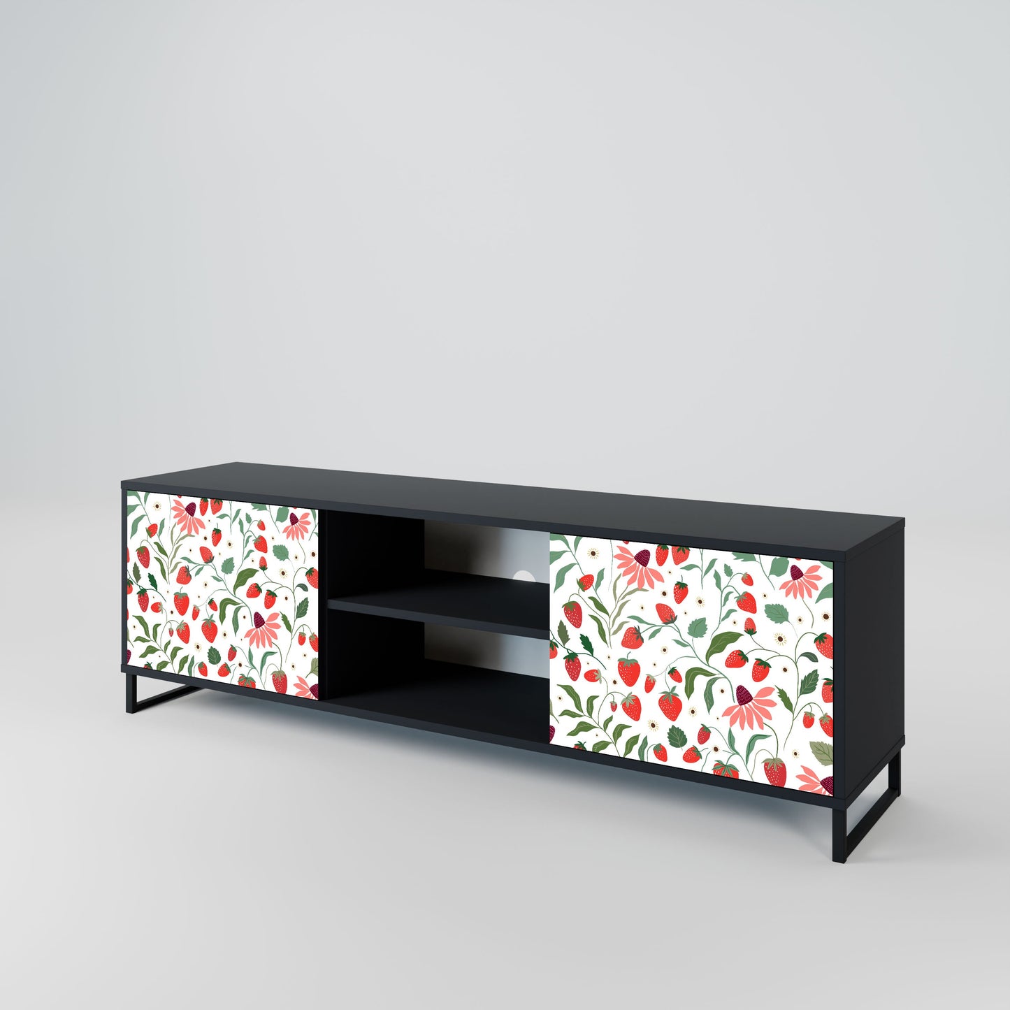 FLOWERS AND STRAWBERRIES 2-Door TV Stand in Black Finish