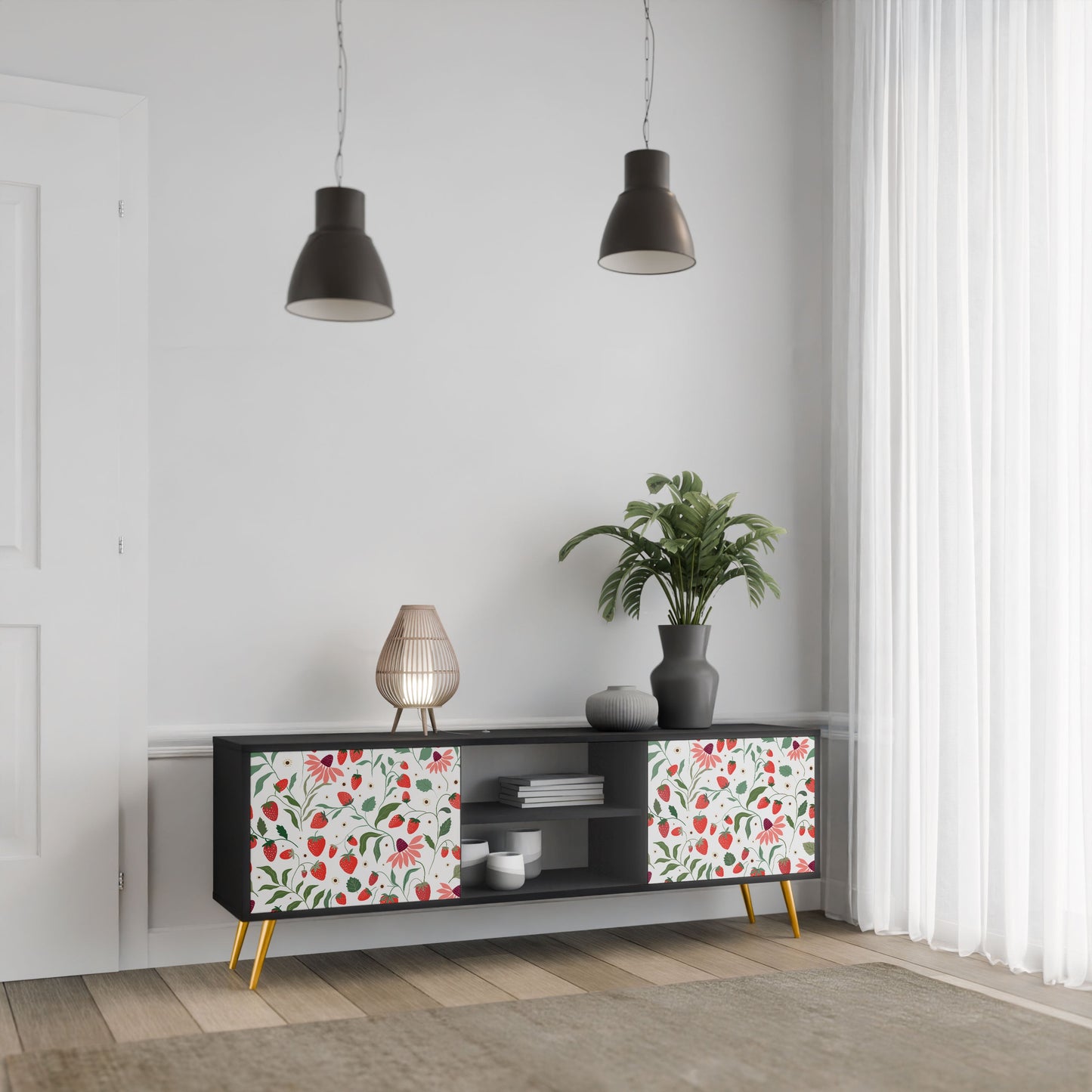 FLOWERS AND STRAWBERRIES 2-Door TV Stand in Black Finish