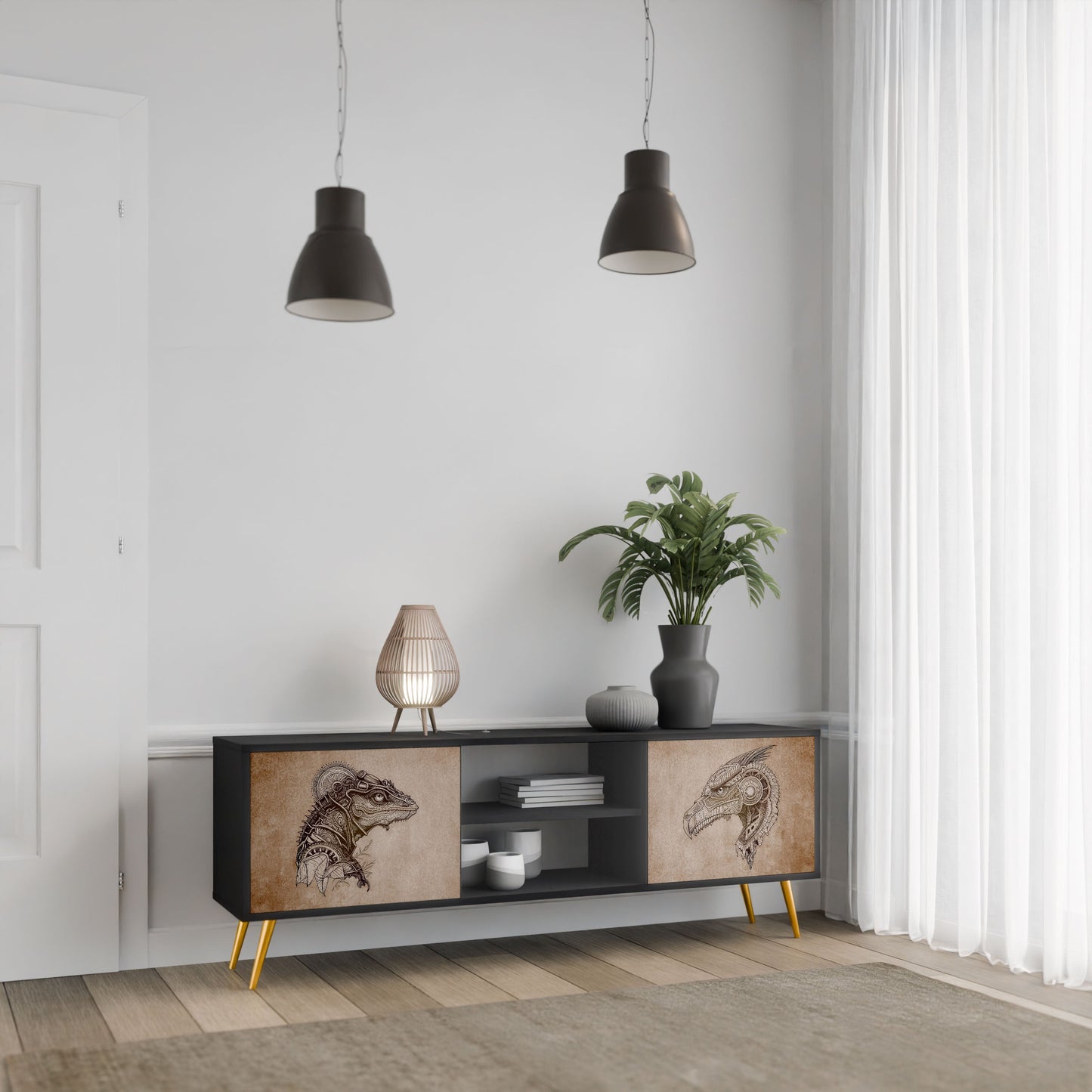 STEAMPUNK CLAN 2-Door TV Stand in Black Finish