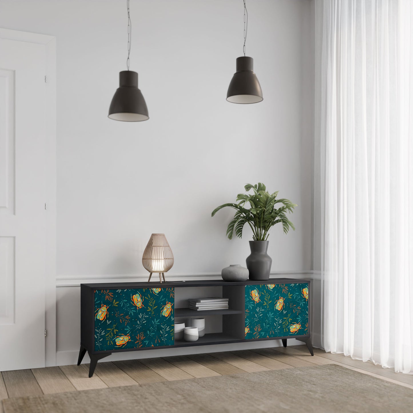 AUTUMN INSECTS 2-Door TV Stand in Black Finish
