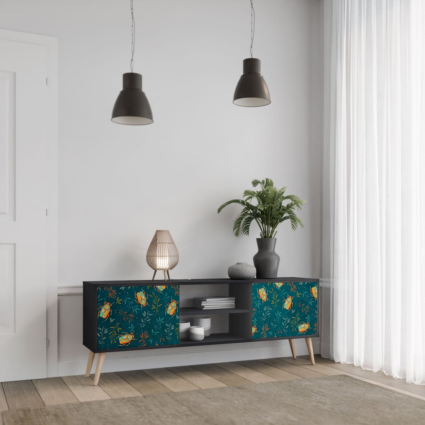 AUTUMN INSECTS 2-Door TV Stand in Black Finish