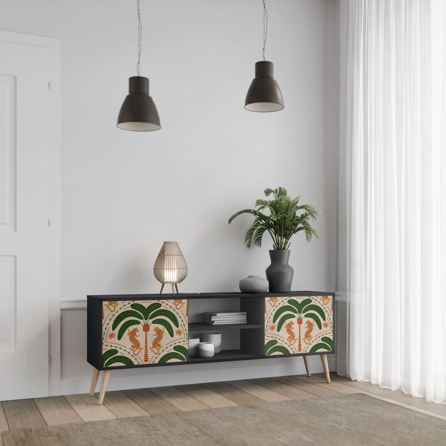 DANCING PREDATORS 2-Door TV Stand in Black Finish