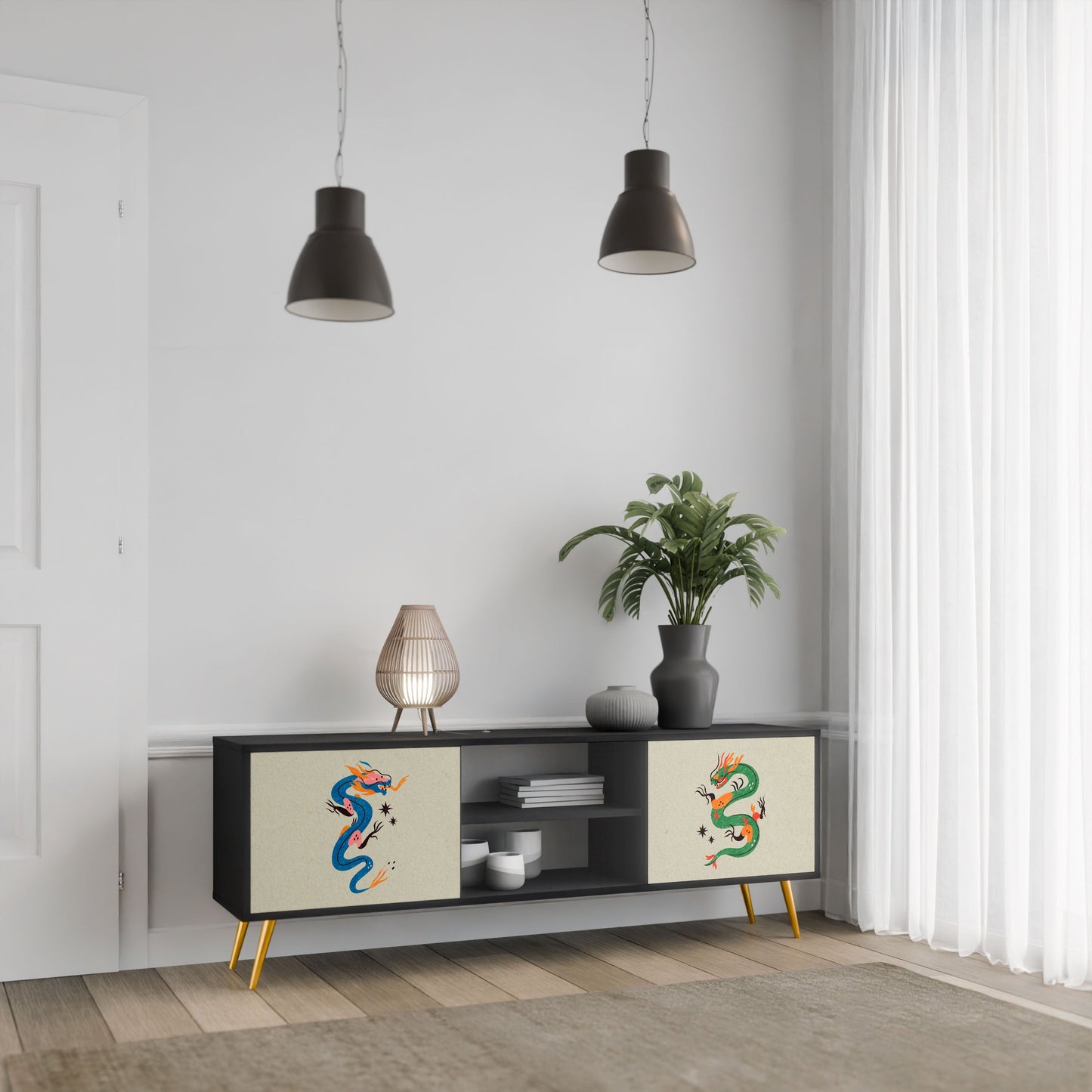 MYTHOLOGICAL CREATURES 2-Door TV Stand in Black Finish