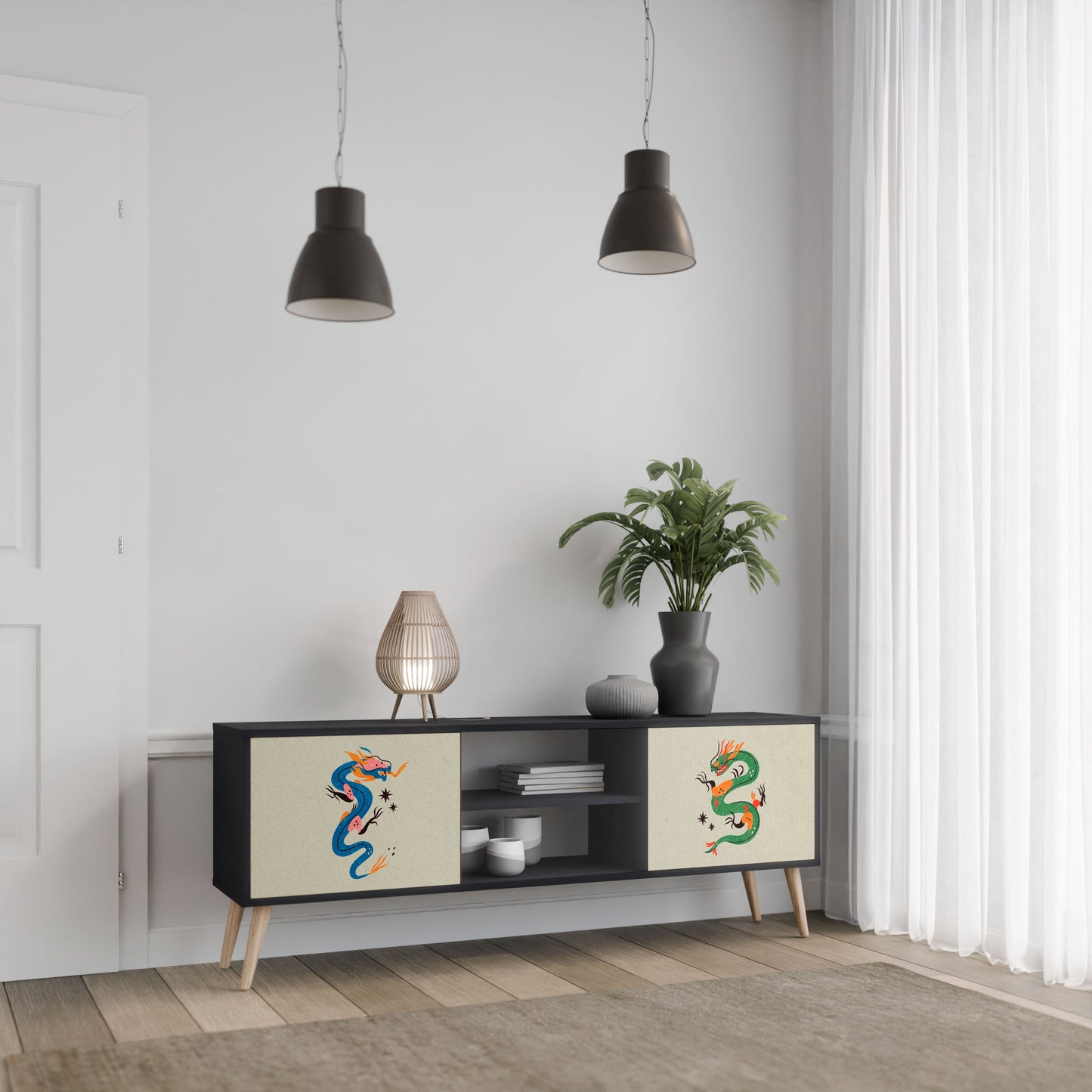 MYTHOLOGICAL CREATURES 2-Door TV Stand in Black Finish