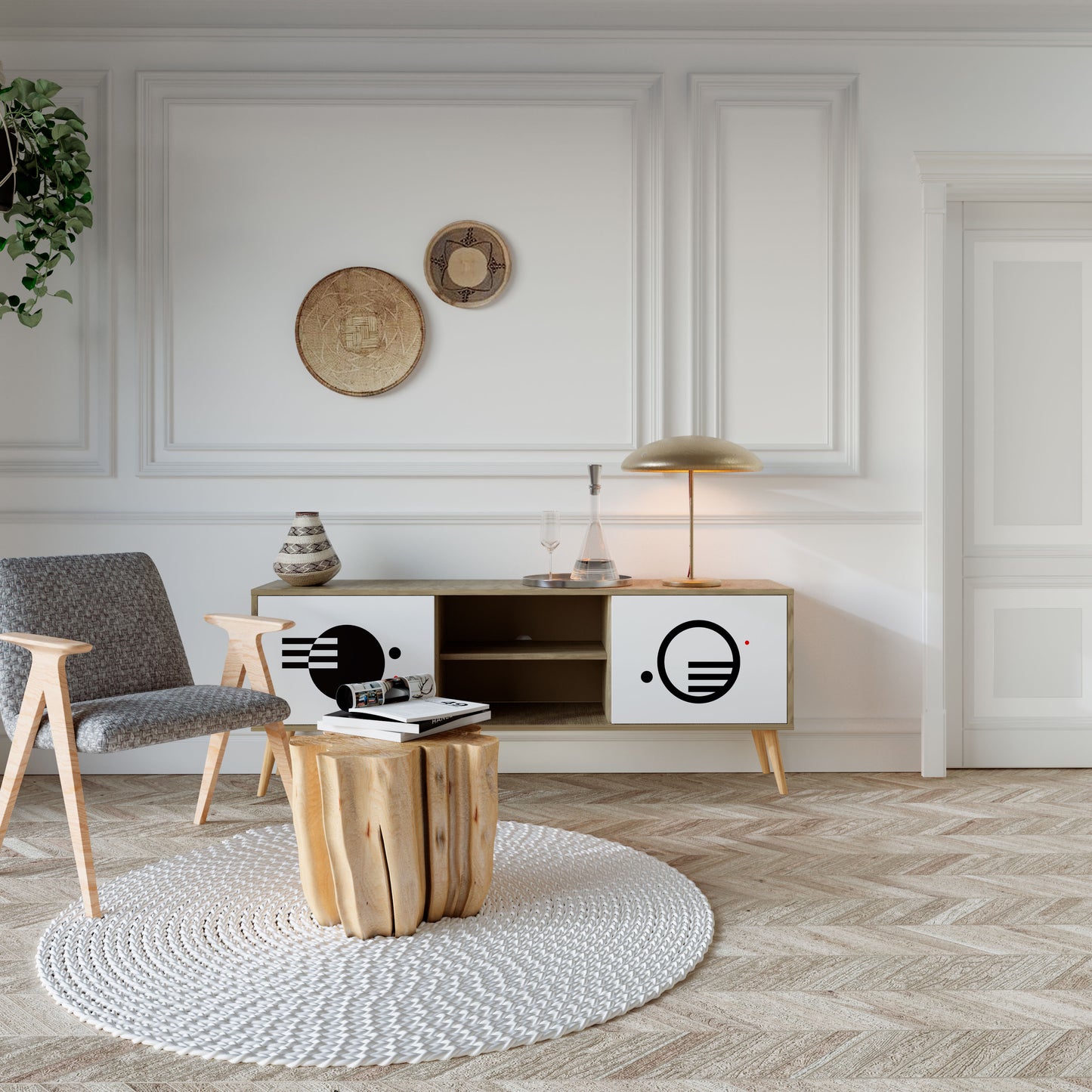 Mobile TV a 2 ante con combinazione bianco e nero effetto rovere