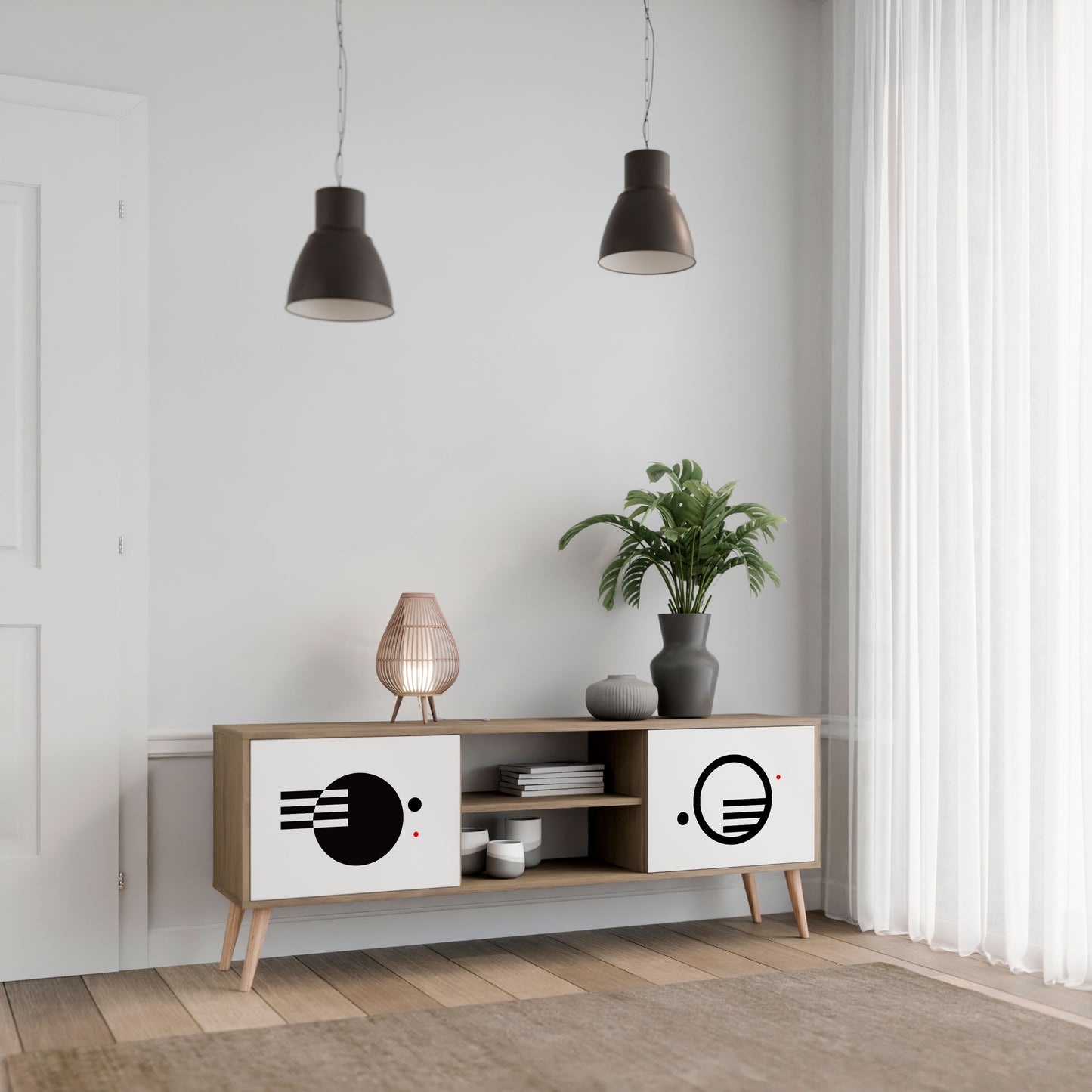 Mobile TV a 2 ante con combinazione bianco e nero effetto rovere
