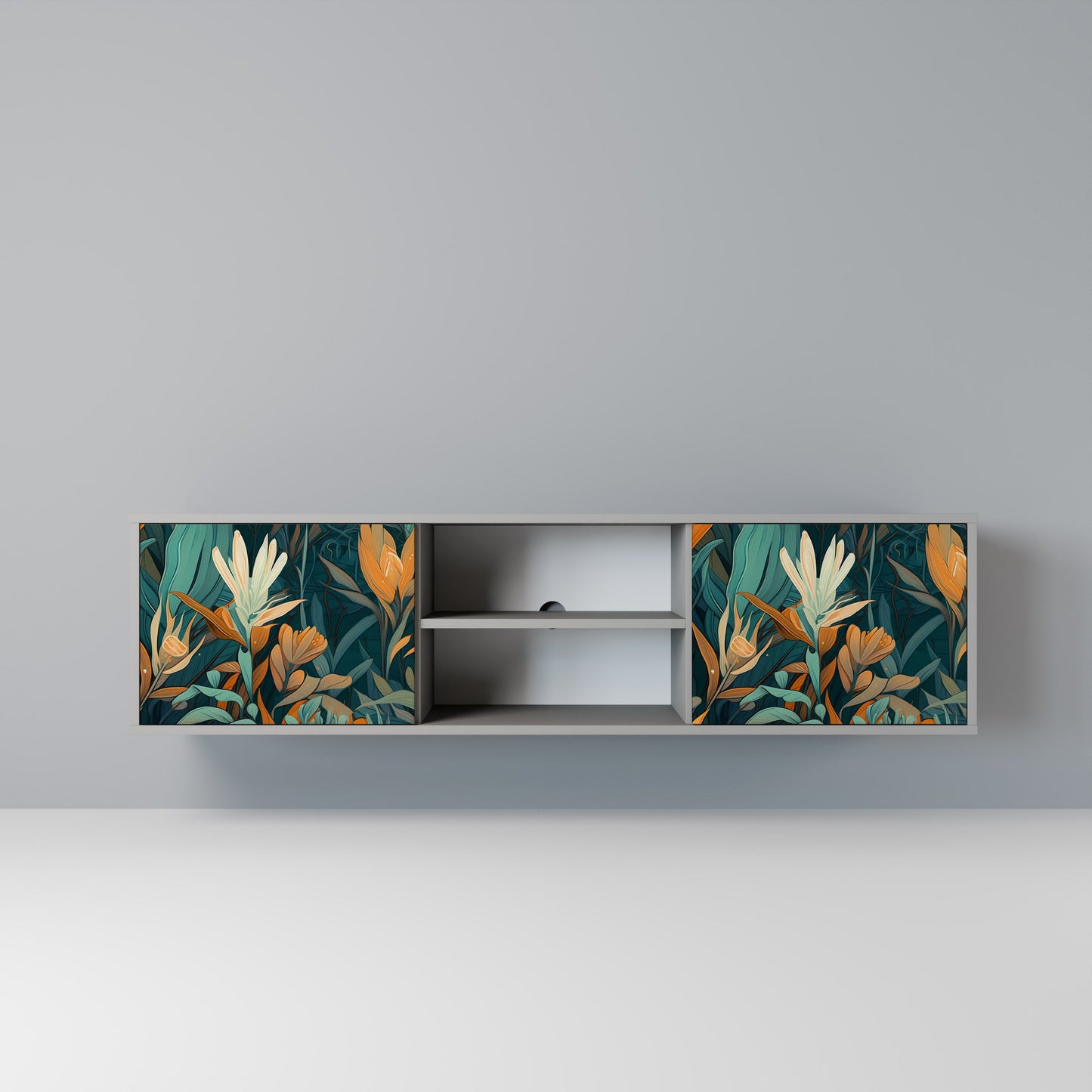 FLORAL SERENITY 2-Door TV Stand in Grey Finish