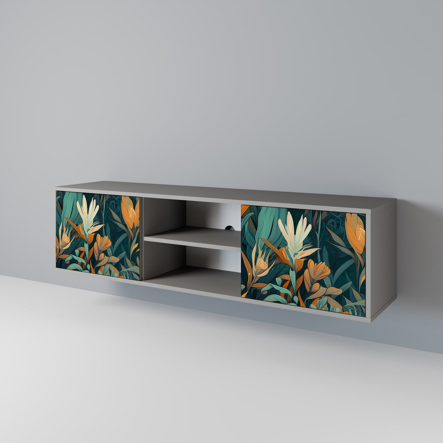 FLORAL SERENITY 2-Door TV Stand in Grey Finish