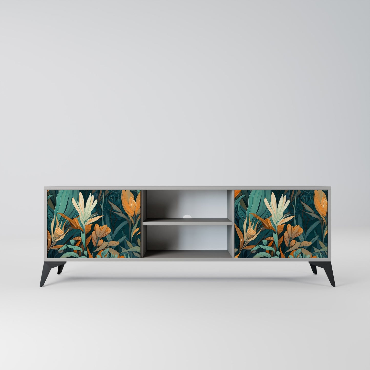 FLORAL SERENITY 2-Door TV Stand in Grey Finish