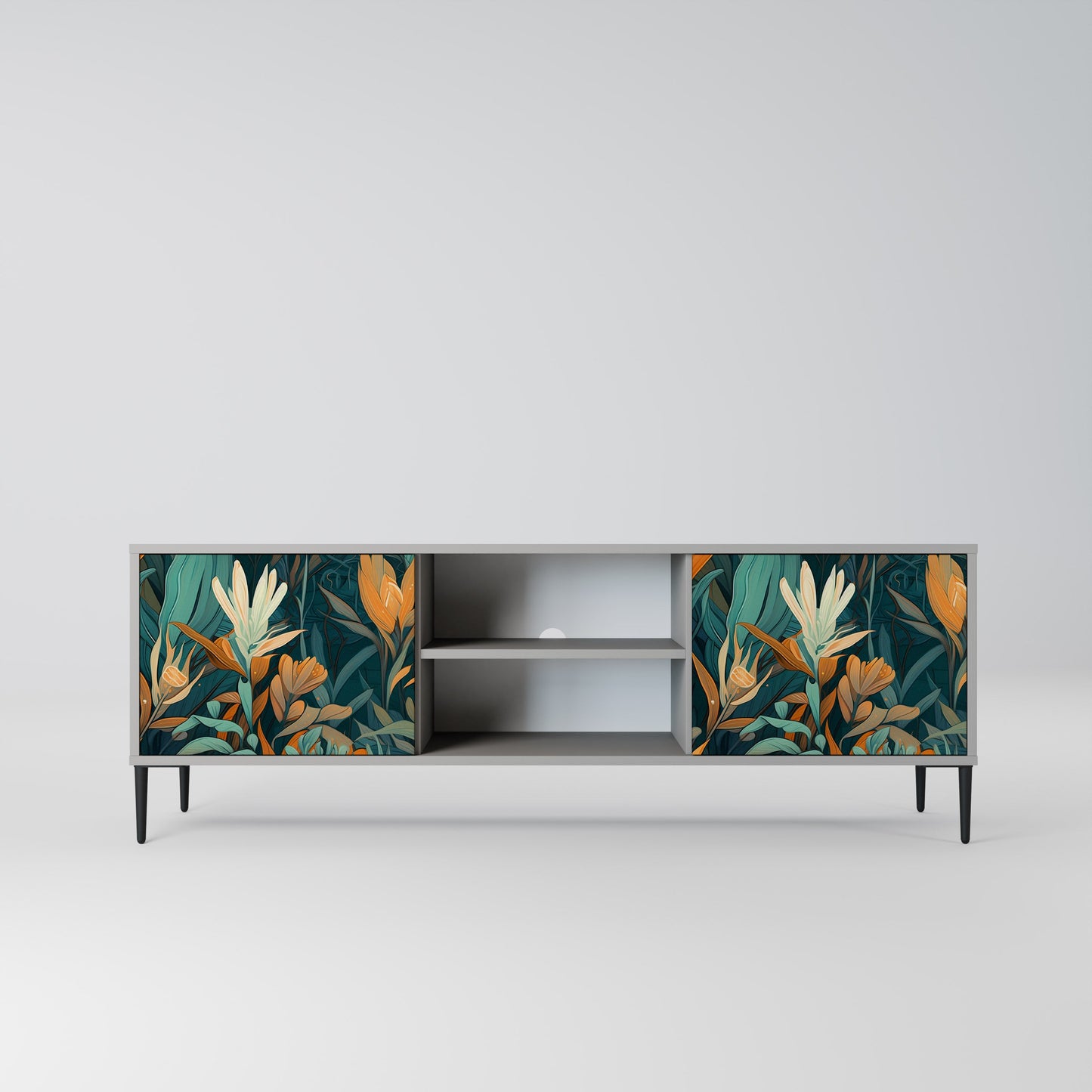 FLORAL SERENITY 2-Door TV Stand in Grey Finish