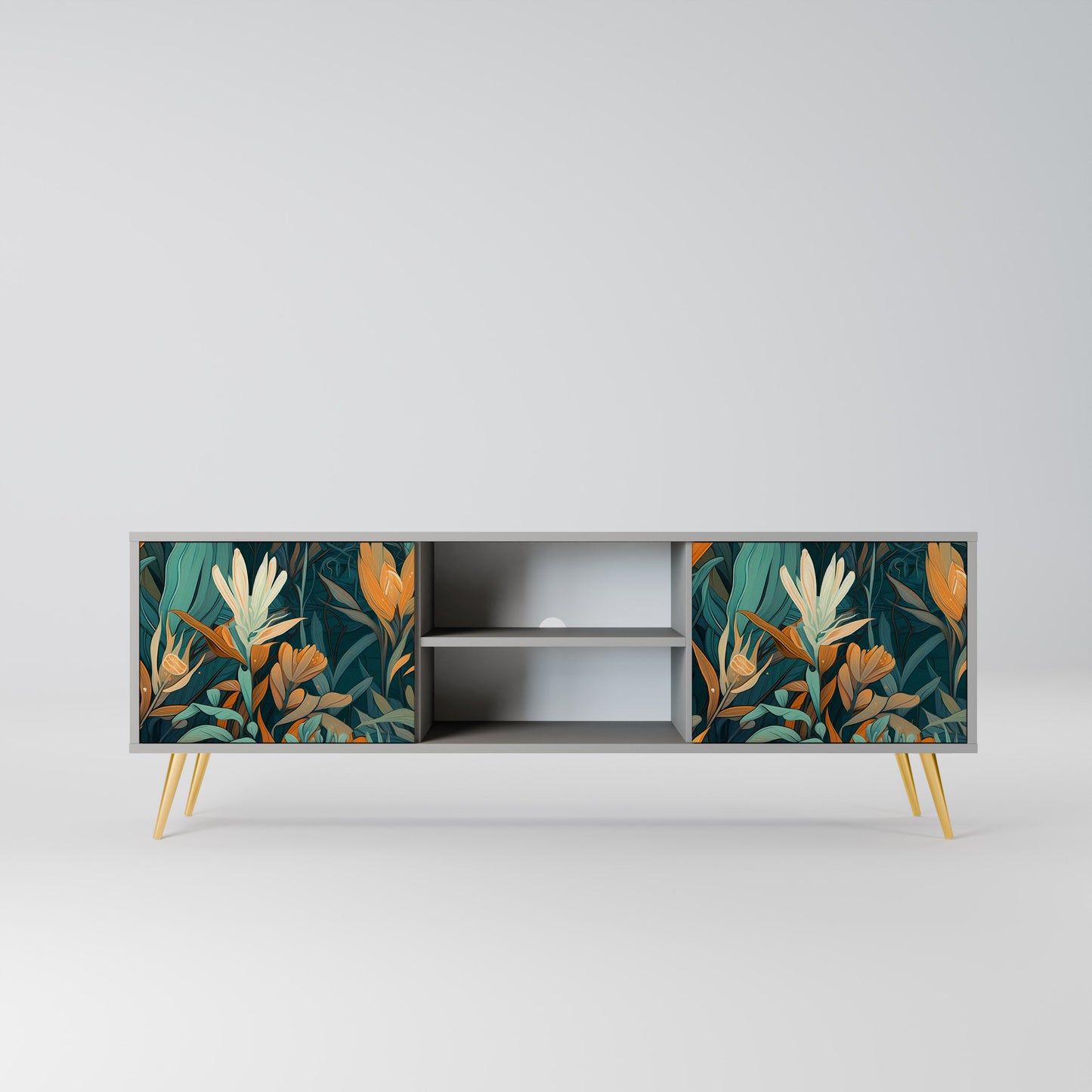 FLORAL SERENITY 2-Door TV Stand in Grey Finish